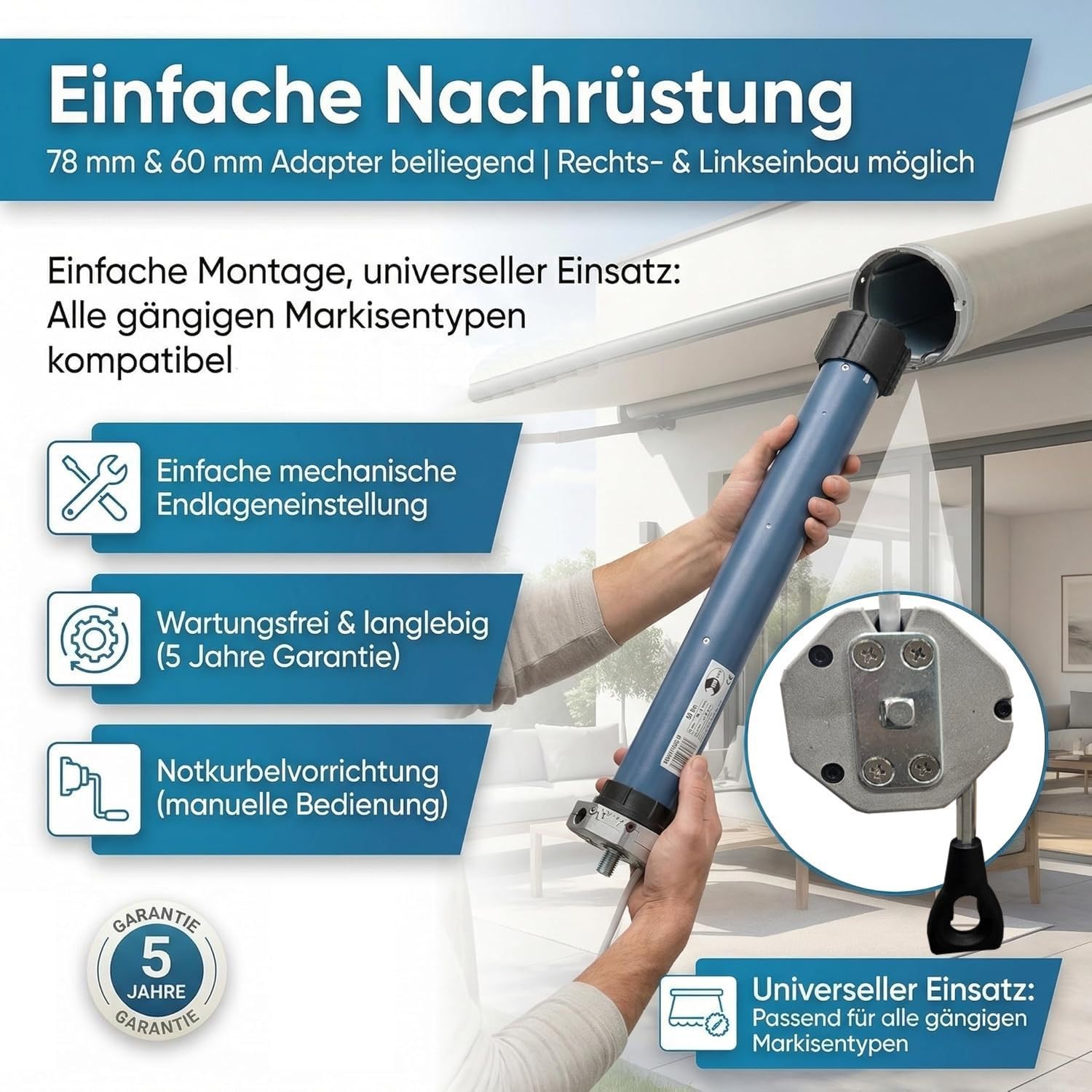 h Markisenmotor-Set 50 Nm mit Notkurbelfunktion & Funk – Inkl. 1-Kanal Handfunksender – Universell für Gelenkarm-, Kassetten- & Fallarmmarkisen bis 24 m² – 78 mm Rund & 60 mm 8-Kant