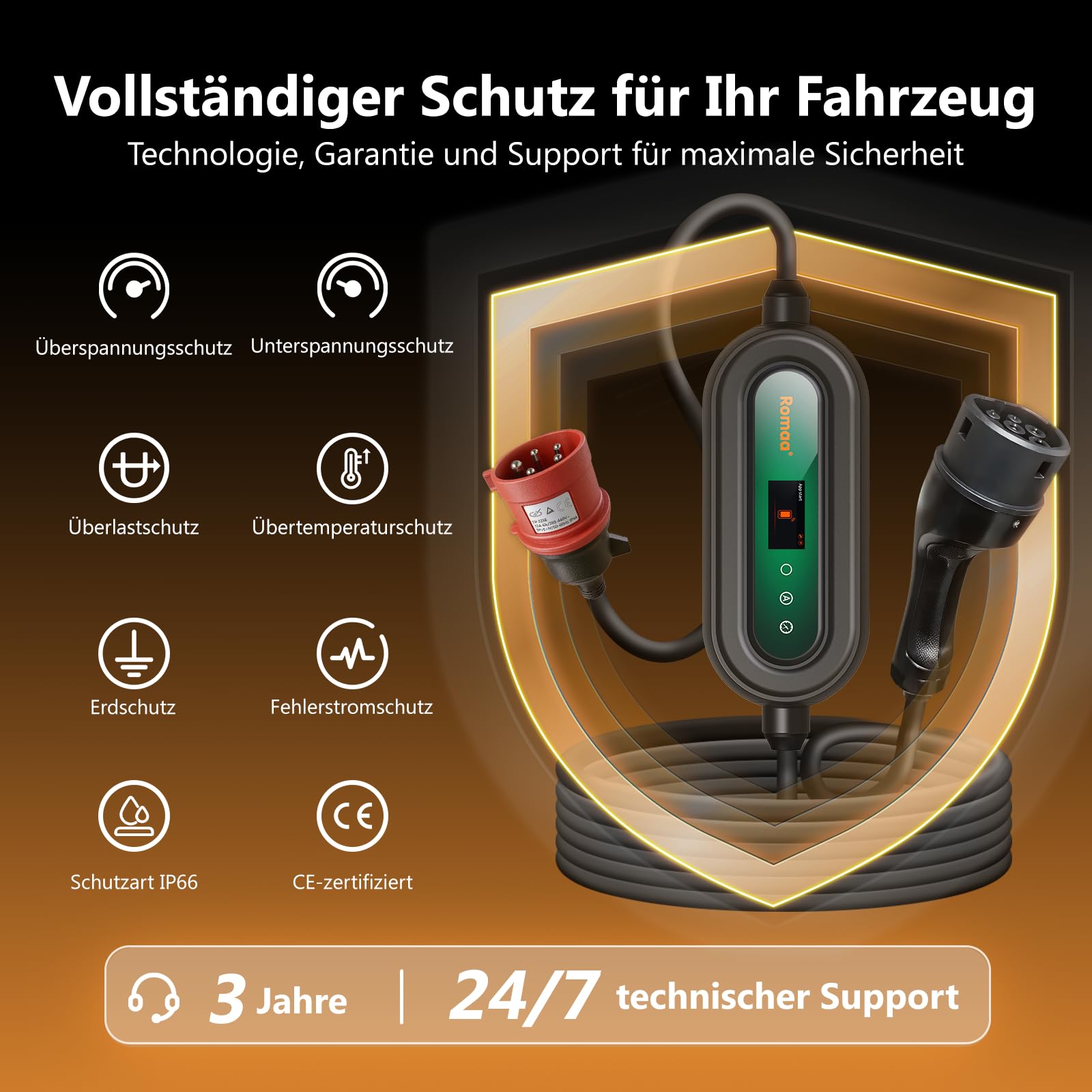 Mobile Wallbox 11kW mit App, [3-Phasig, 7m, 8-16A] Einstellbarer Ladegerät mit FI Schutzschalter, CEE 16A auf Typ 2 Ladekabel, 1,9" LCD EV Charger mit Schuko Adapter, IP66 Wandmontage Ladestation