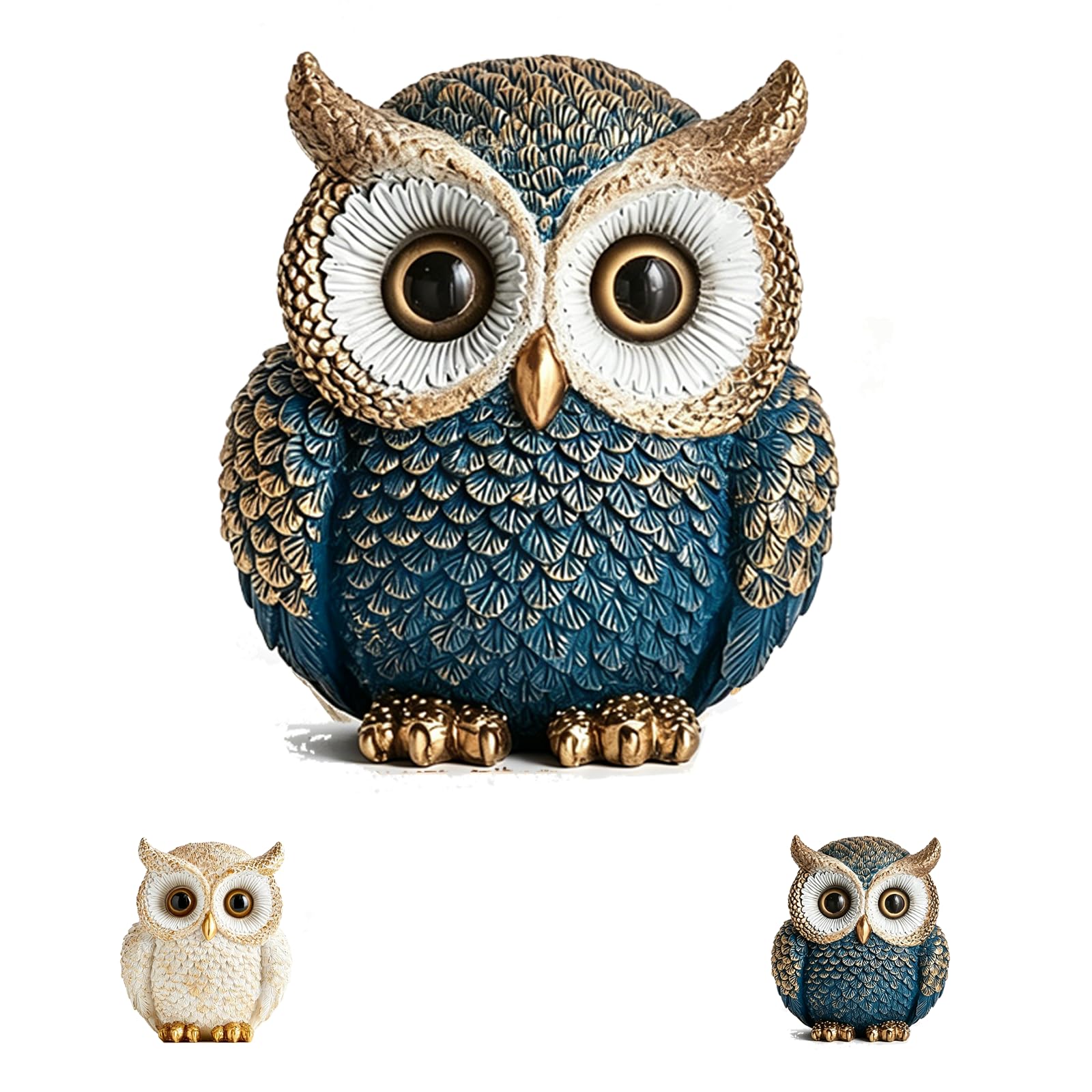 Statue hibou dorures élégante en résine haut de gamme blanche et bleue