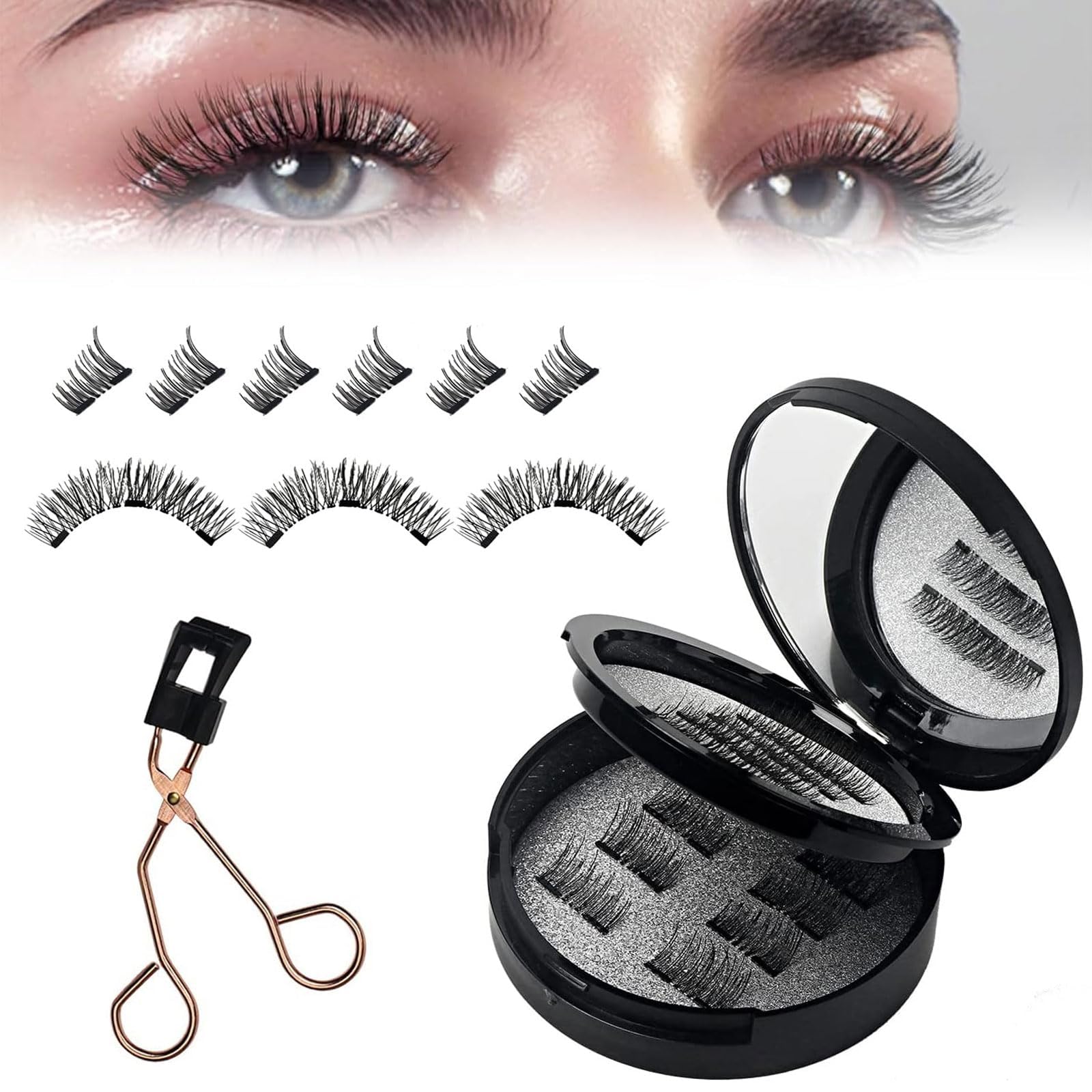 Excefore Dual Magnetic Eyelashes without Eyeliner or Glue Needed, Reusable False Lashes Natural Look 3D Effect Waterproof Fake Eyelash Set with Applicator, Easy to Wear (2 Styles/6 Pairs)