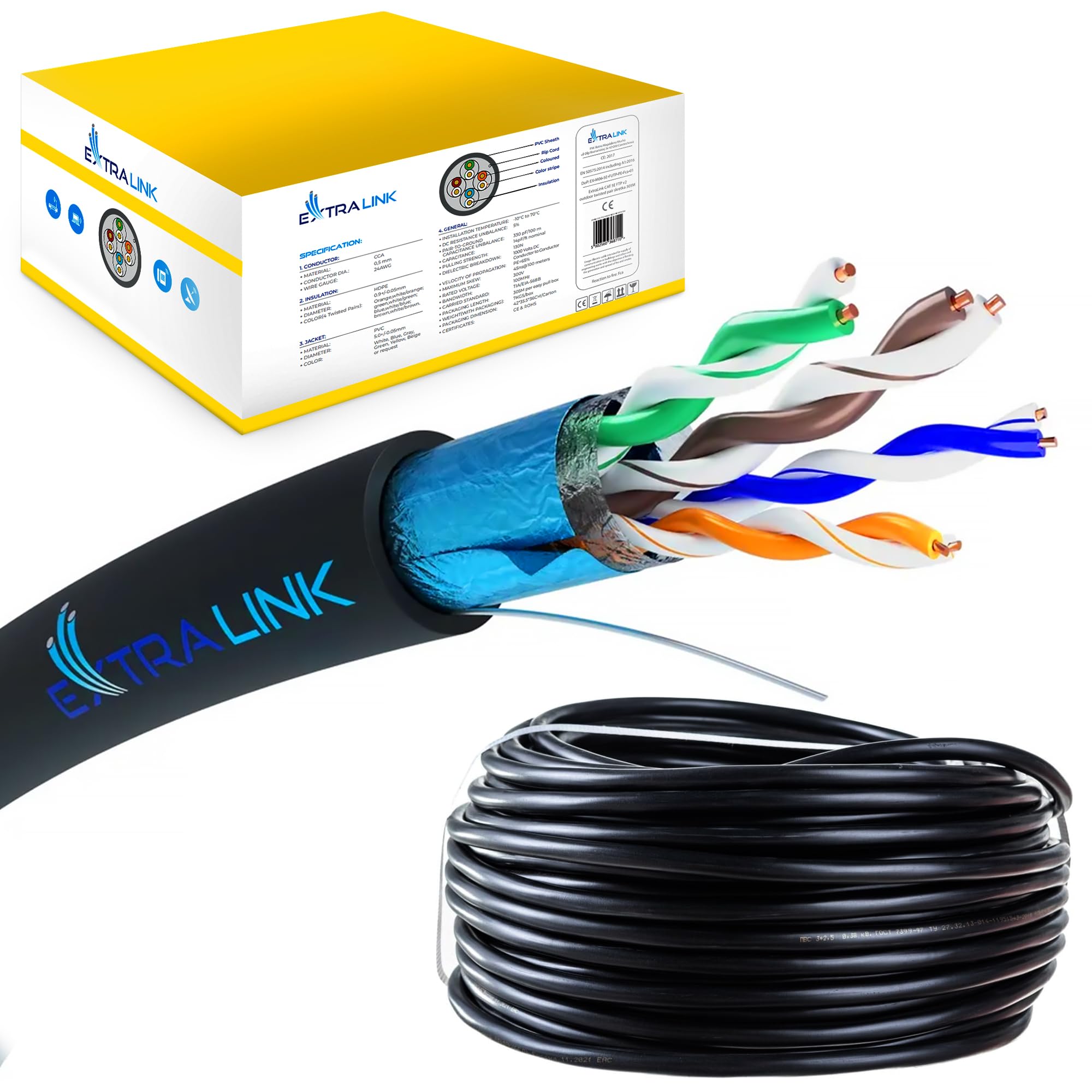 EXTRALINK Cavo Ethernet Esterno 305m CAT5e LAN F/UTP Schermato – 100% Rame Puro, Compatibile PoE, Guaina PE Resistente ai Raggi UV, Impermeabile e Durevole per Esterni