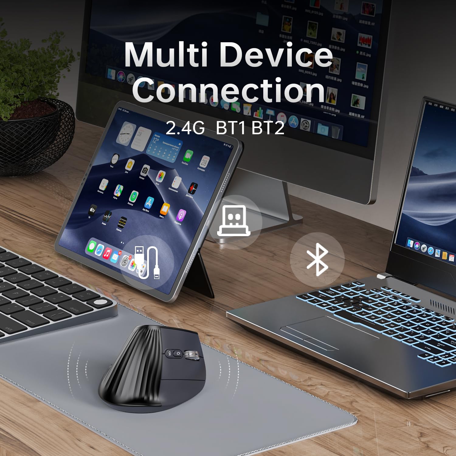 Mouse verticale ergonomico senza fili, Bluetooth a scorrimento ultraveloce, mouse Ergo 4800 DPI, 2,4 G clic silenziosi 6 pulsanti mouse ottici RGB, 3 connettività multi-dispositivo per Mac