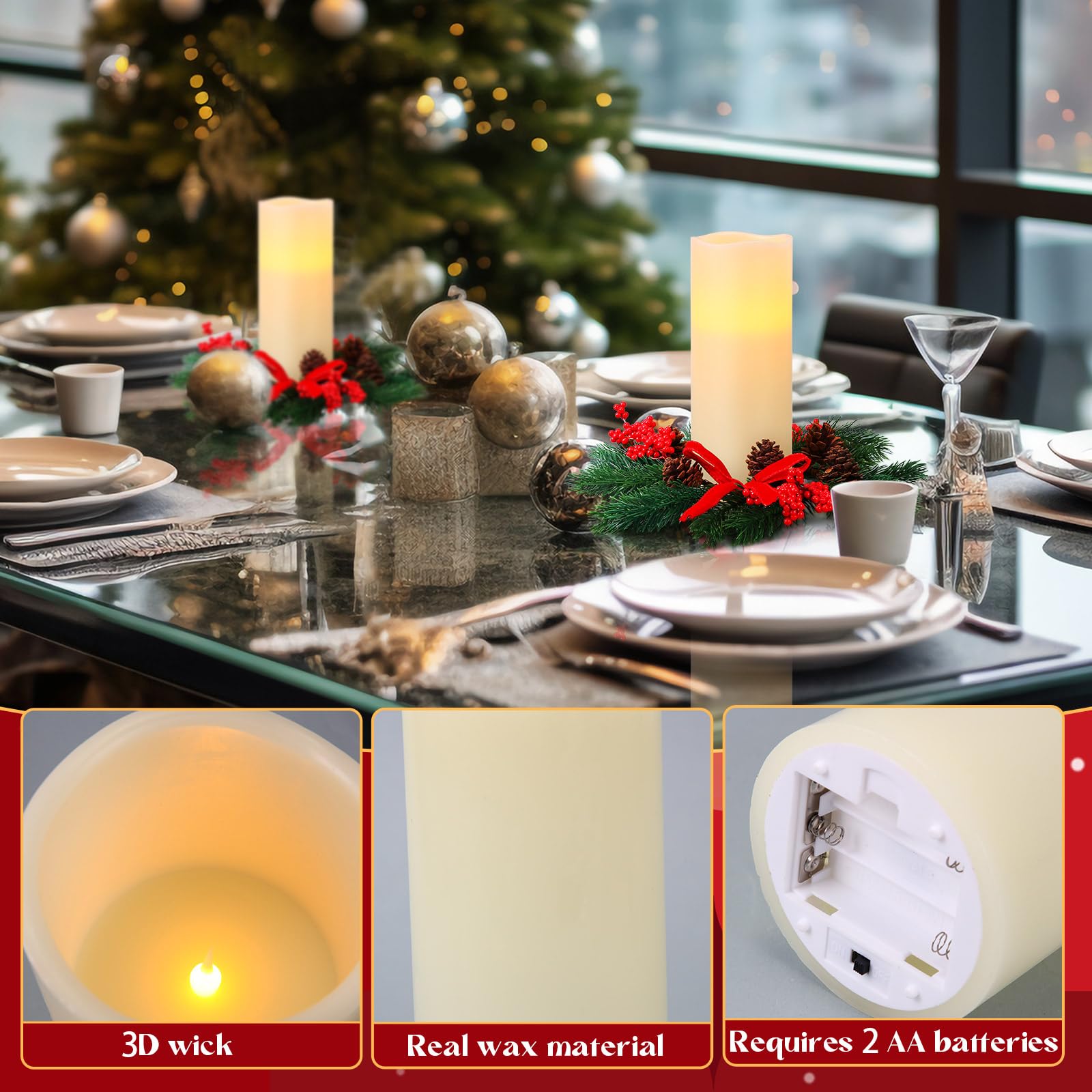 Retisee Set di 2 centrotavola natalizi per tavoli, candele, ghirlande, candele senza fiamma, candele senza fiamma, a batteria, con telecomando, luci LED per feste di Natale (25,4 cm, colore avorio)