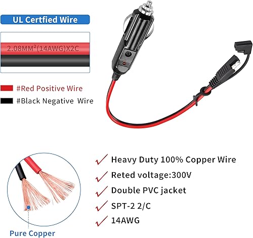 Miniatura 3 de YACSEJAO - Cable de encendedor de cigarrillos SAE 14AWG de 1 pie, 12 V/24 V, enchufe a SAE cable de extensión de liberación rápida con fusible de 15
