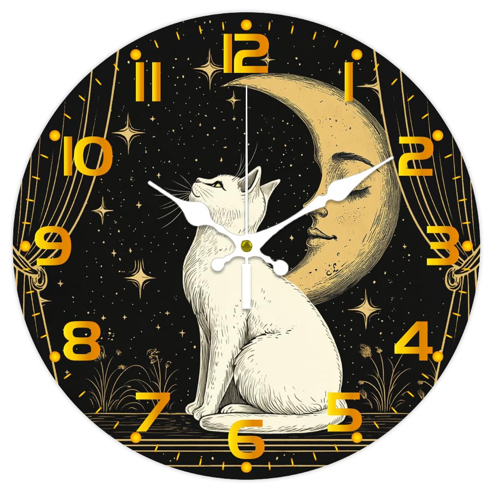 CHGCRAFT 12inch Cat Wall Clock Moon Starry Sky Battery Operated Silent Non Ticking Retro Style Round Decorative Clock for Office Home Kitchen Decor