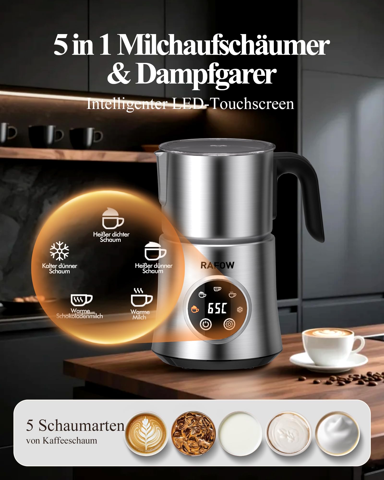 Milchaufschäumer Elektrisch 5 in 1 - Automatische Milchschäumer 500ml Großes Fassungsvermögen Milch Dampfer Spülmaschinenfest für Heißer Kalter Milchschaum Heiße Schokolade Latte Cappuccino