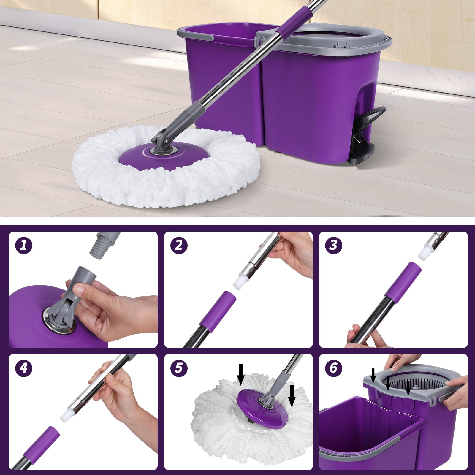 Balai Serpillère et Seau à Pédale, Masthome Seau Serpillere Rotatif 360° avec Système d'essorage Intégré, Seau Détachable avec 2 Compartiments pour Séparer l'eau Sale, Envoyer 6 Recharge en Microfibre