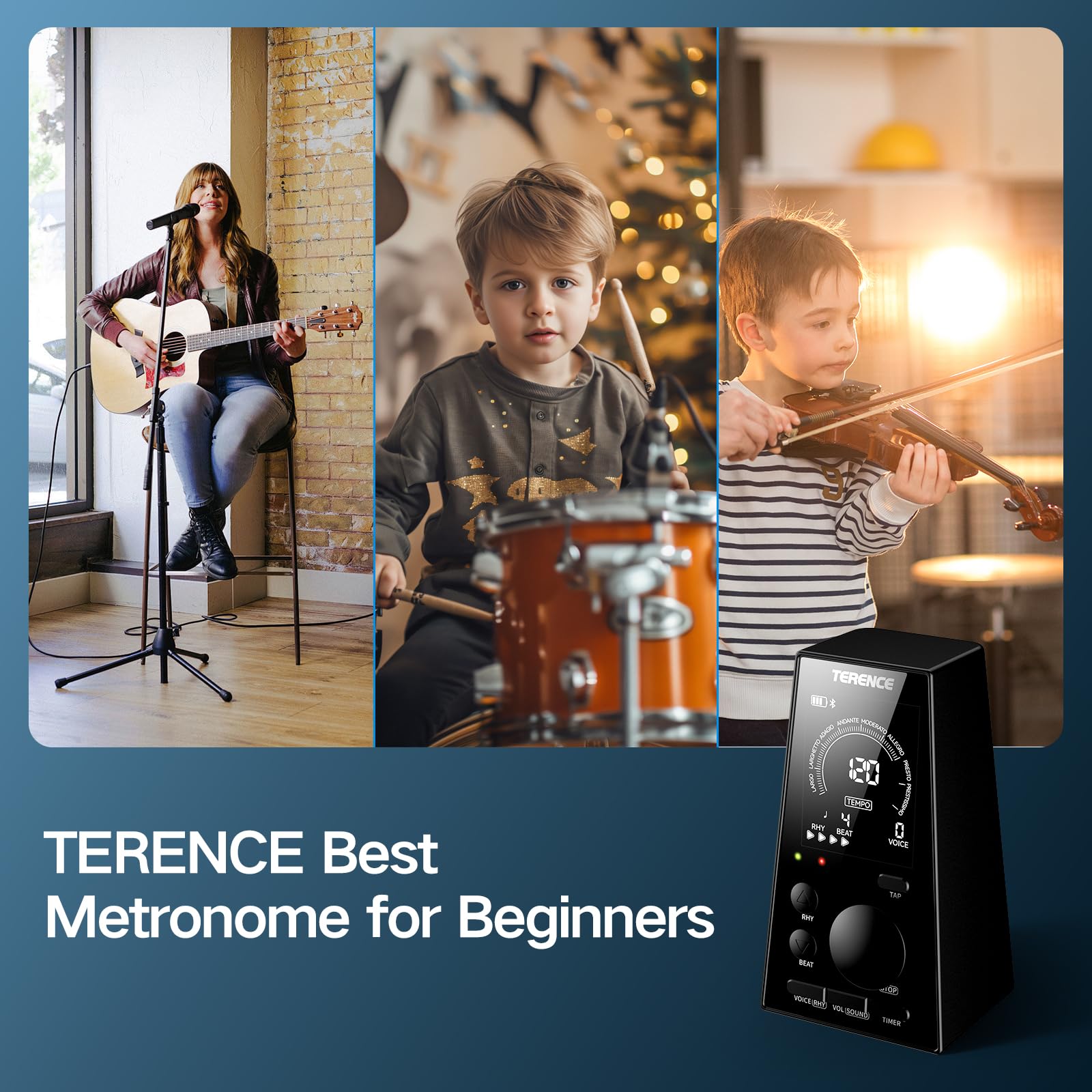 TERENCE Metronomo digitale di precisione per esercizi, metronomo elettronico preciso al millisecondo, 9 tempi, 10 battute, 40-208 BPM, display LCD, compatto e portatile, adatto a tutti gli strumenti