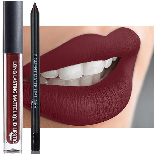 Juego de lápiz labial y delineador de labios, resistente al agua, ligero, sin manchas, sin talco, sin mica, sin gluten, sin parabenos, Merlot