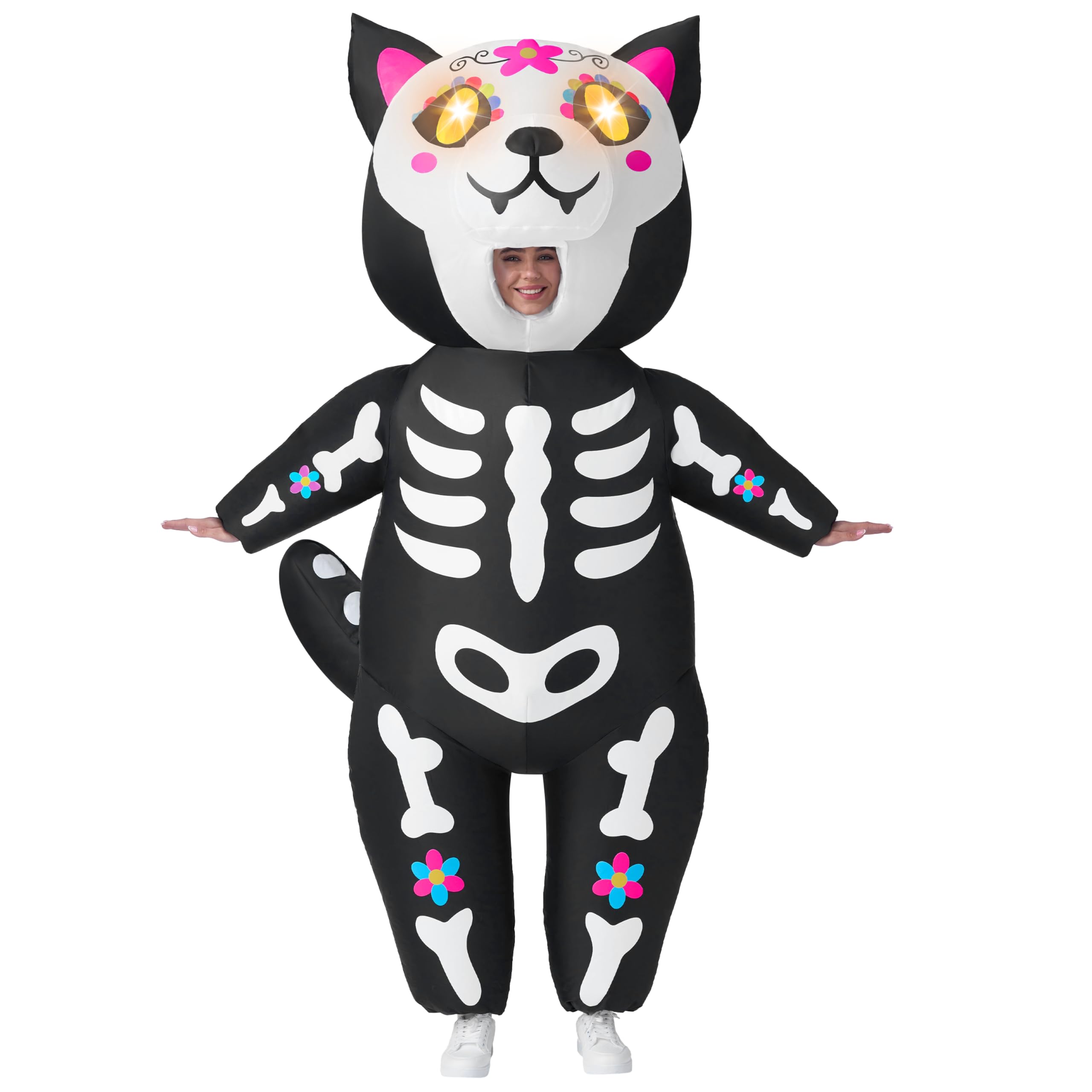 Spooktacular Creations Nadmuchiwane kostiumy na Halloween dla dorosłych, z oczami LED, szkielet, kot, dmuchany kostium dla kobiet, na całe ciało, nadmuchiwany kostium na Halloween, imprezy cosplay