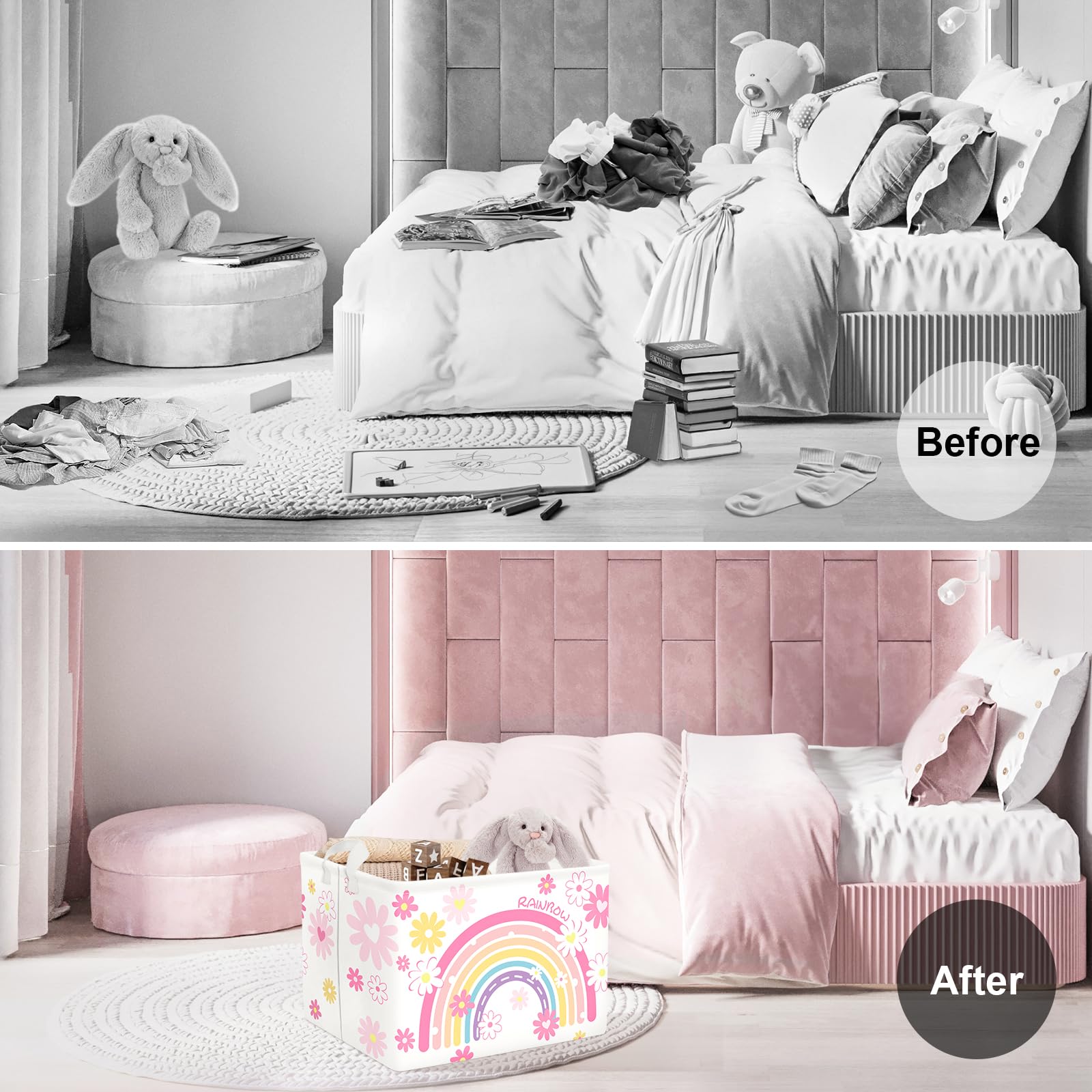 Clastyle Rainbow Baby Laundry Hamper Folding Clothes Kids Storage Basket Waterproof Girls Toy Box for Bedroom,Pink,40x30x30 cm - Image 2