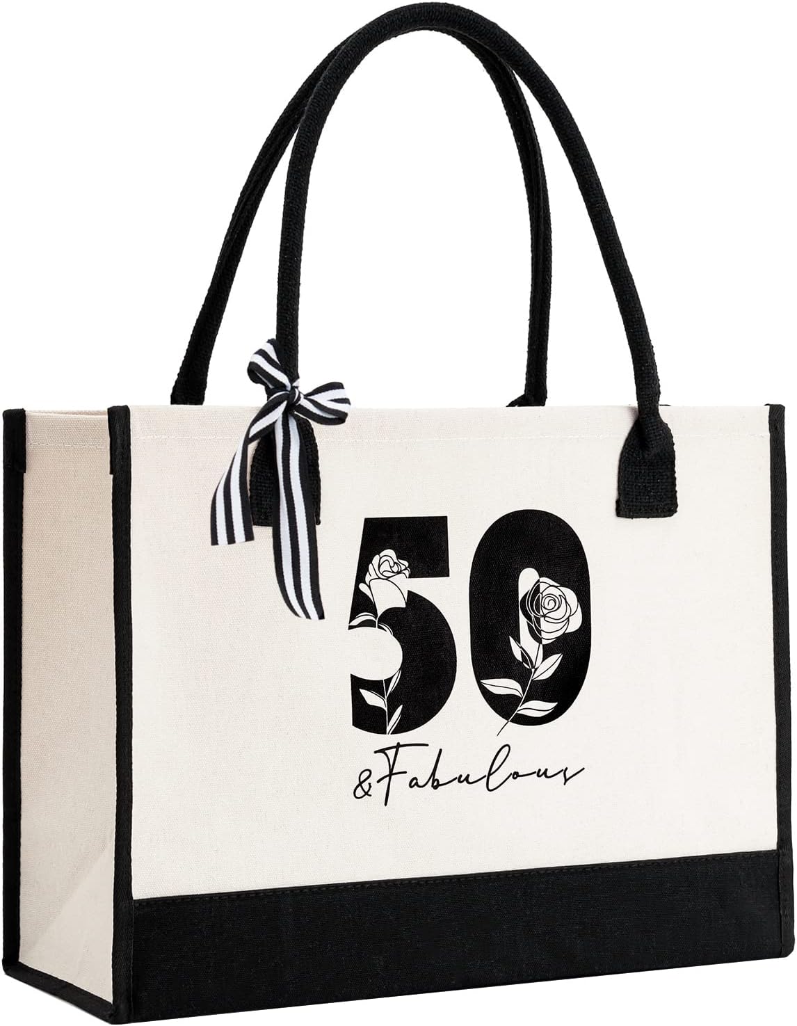 Crisky 50th Birthday Gifts for Women Canvas Tote Beach Bag 50 & Fabulous with Ribbon for Wife/Sister/Mom/Aunt/Friends,17" x 12" x 7"