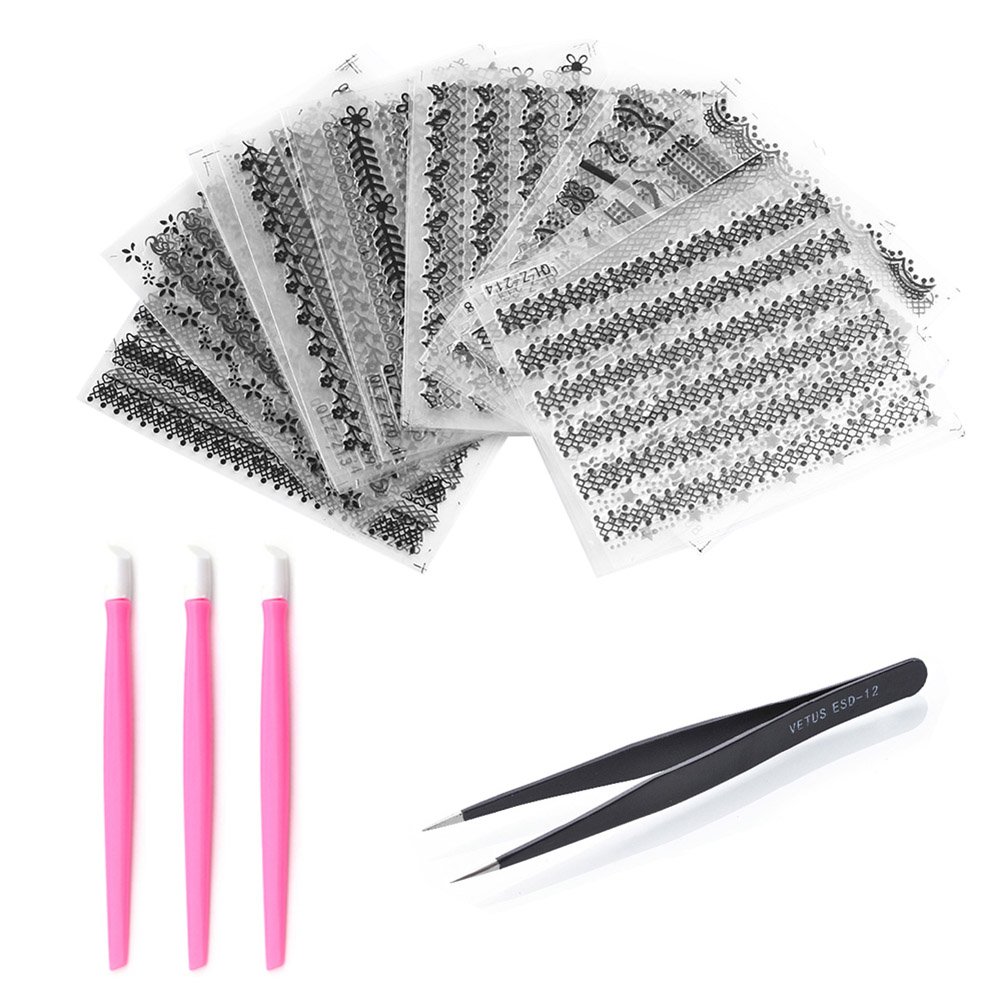 WOKOTO 30 Sheets Random Pattern Black Water Transfer Nail Decals Stickers Lace Kit Adhesive Nail Decoration With 1 Pcs Anti-Static Tweezers And 3 Pcs Random Color Nail Art Stick Cuticle Pusher