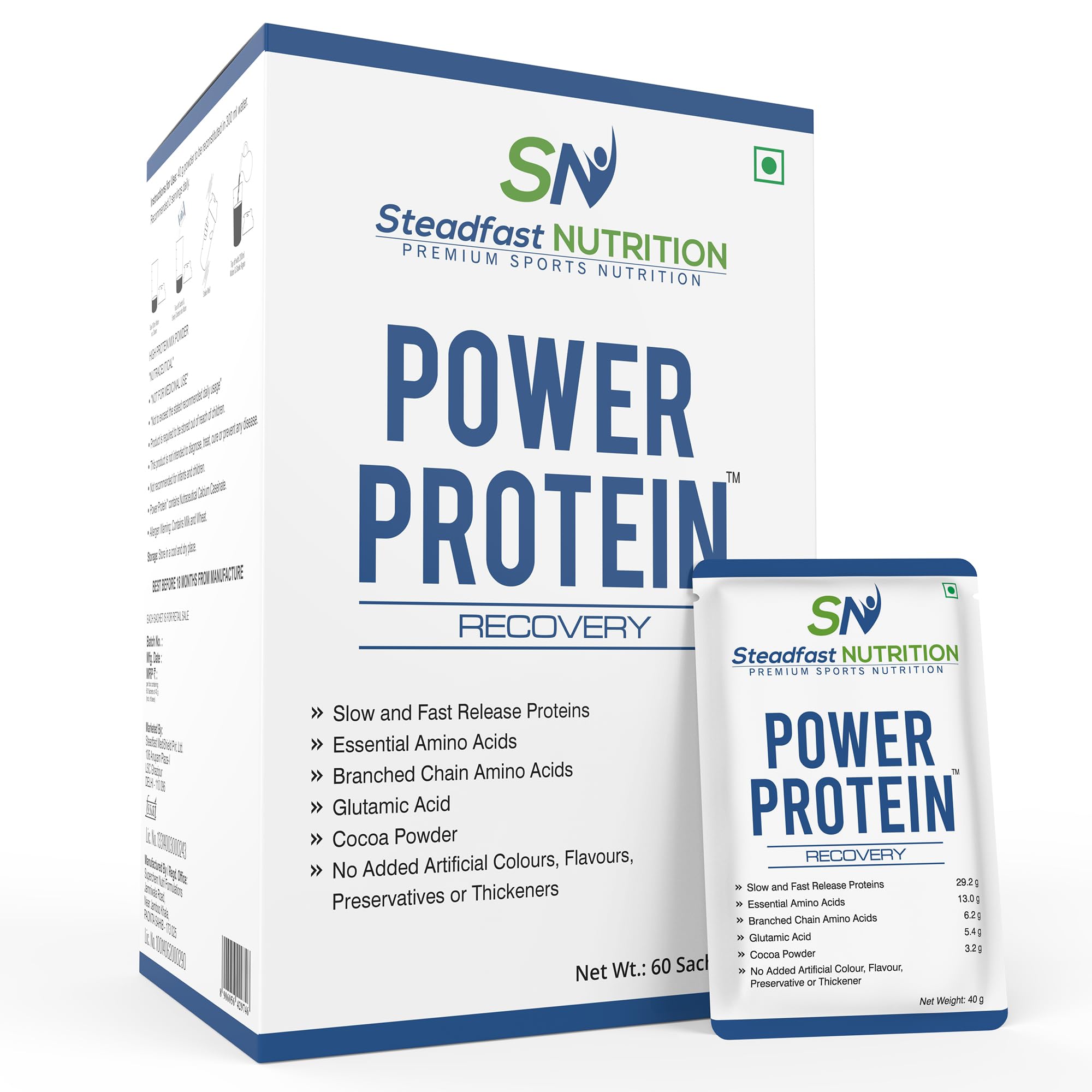 Steadfast Nutrition Power Protein | Natural Cocoa Powder | Provides 13 g of EAAs | 6.2 g of BCAA | 5.4 g of Glutamic acid | 4 g carbohydrates & 5 electrolytes per serving (60 Sachets) (B09658Z22H) Amazon Price History, Amazon Price Tracker