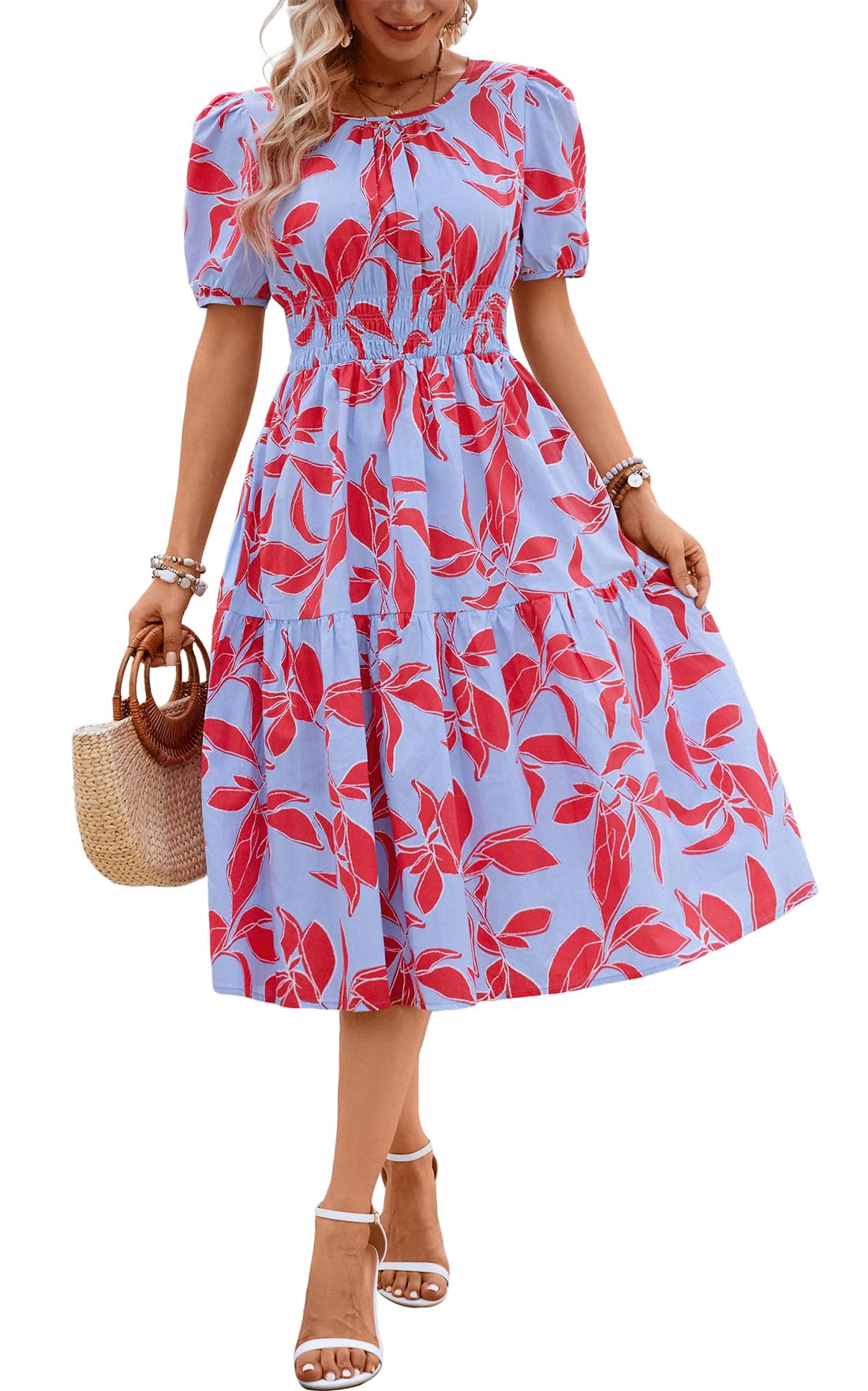 KormeiWomen Summer Casual Boho Floral Round Neck Short Sleeve Smocked Waist Tiered Flowy Swing Midi Dress