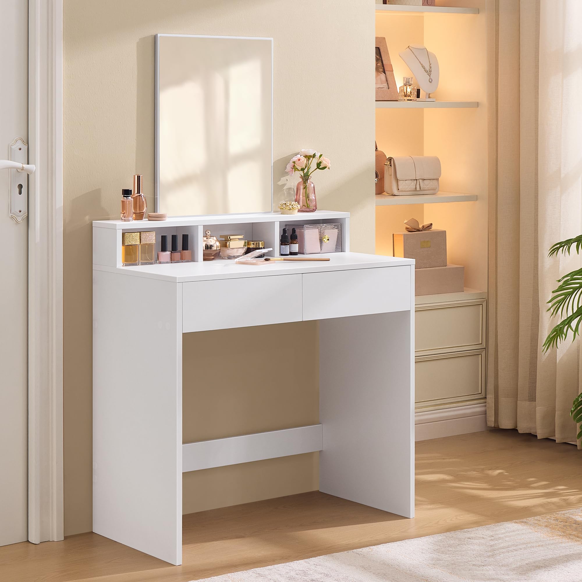 VASAGLE KAILYN Collection - Dressing Table, Vanity Table with Rectangular Mirror, 2 Drawers and 3 Compartments, Makeup Desk, Modern, Cloud White RDT113W01