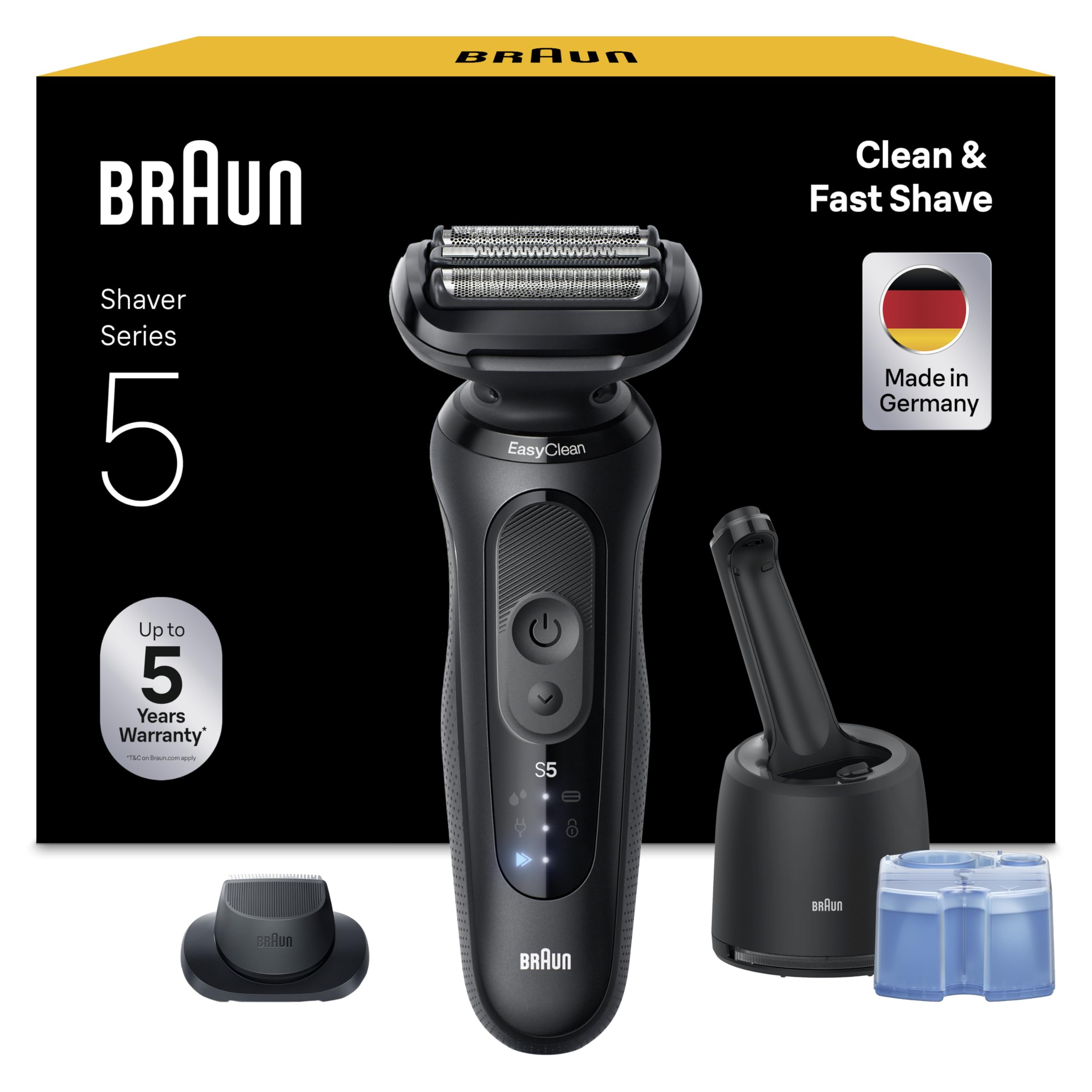 Braun Series 5 Electric Shaver for Men, 52-N7200CC, Black - Wet & Dry Electric Razor, 4in1 SmartCare Center, +1 Attachment, Cordless, 100 Percent Waterproof, Up to 50 min Runtime