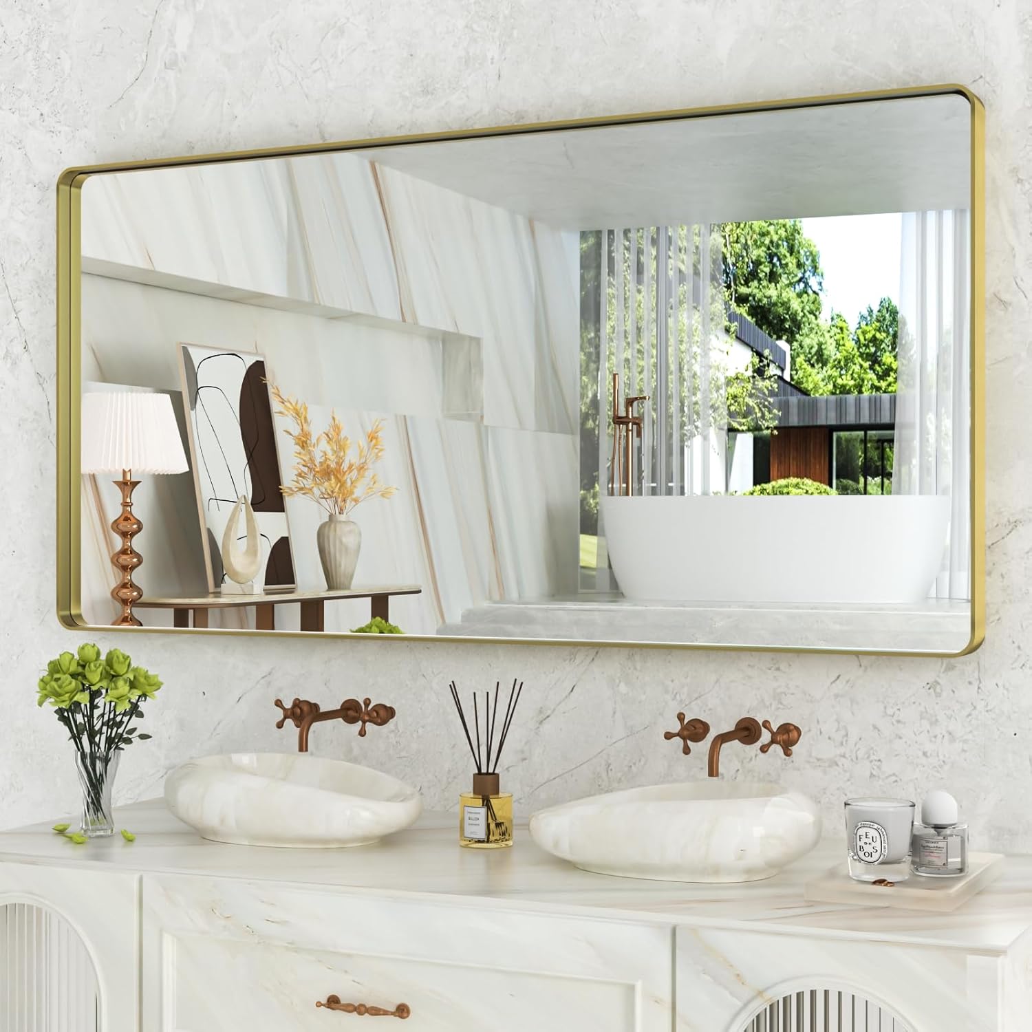 WEER Gold Bathroom Mirror, 72X36 Inch Brushed Gold Metal Frame Mirror, Rounded Rectangle Gold Bathroom Vanity Mirror for Wall, Tempered Glass, Anti-Rust, Hangs Horizontally or Vertically Gold 72"L x 36"W