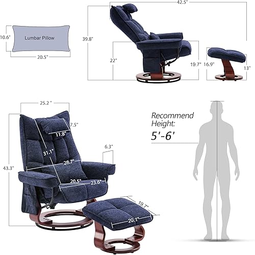 Miniatura 3 de MCombo Sillón reclinable giratorio con otomana, juegos de sillas de TV con masaje por vibración, ideal para espacios pequeños, sala de estar y