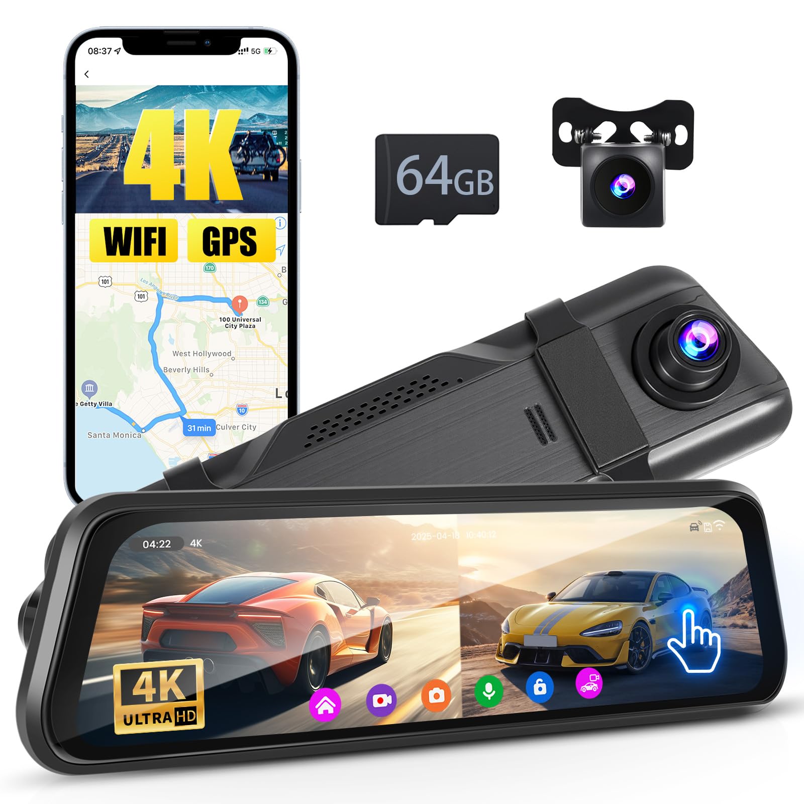 Inefala 4K WiFi Dashcam Espejo Retrovisor con GPS App, 9.66'' Espejo Retrovisor con Camara Frontal y Trasero, Cámara Retrovisor para Coche con Sensor G, Tarjeta SD de 64 GB, ADAS, Grabación en Bucle