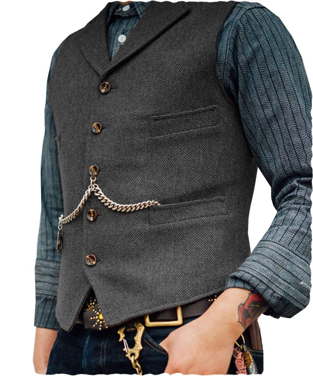 Mens Classic Wool Tweed Suit Vest Casual Sleeveless Jacket Herringbone Waistcoat for Tuxedos - grey - XXL
