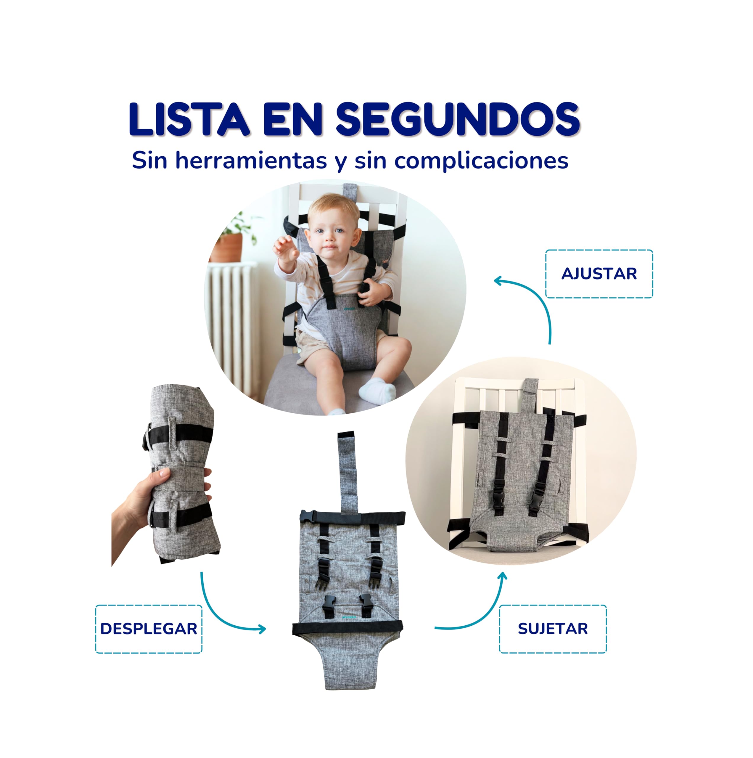 Trona Portátil Bebé 6-36 Meses, Silla Portátil de Viaje con Arnés Ajustable de 3 Puntos, Asiento Elevador Plegable 260g, Compatible con la Mayoría de Sillas Ideal para Restaurante Vacaciones y Viajes