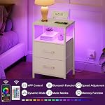 HOOBRO Nightstand with Charging Station, Bedside Table with LED Lights and 2 Fabric Drawers, End Table with Outlets & USB Ports & Type-C Port, Night Stand for Bedroom, White WT118UDBZ01