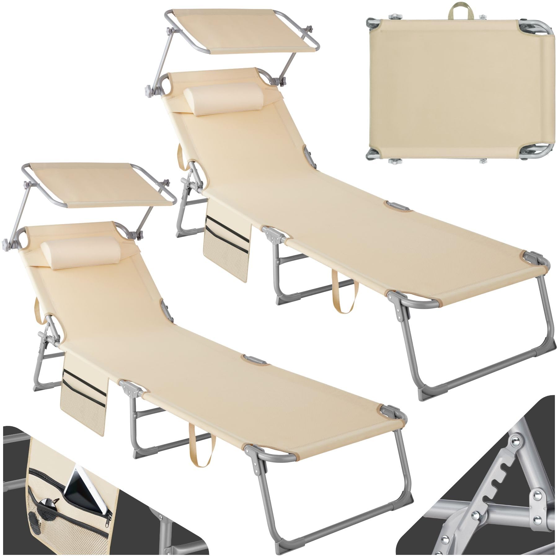 TecTake® Set de 2X Tumbonas Jardín Exterior, Tumbonas Plegables con Reposacabezas, Parasol y Bolsillo Lateral, Tumbonas Playa Reclinables 4 Posiciones, Tumbona Piscina Resistente a Intemperie - Beige