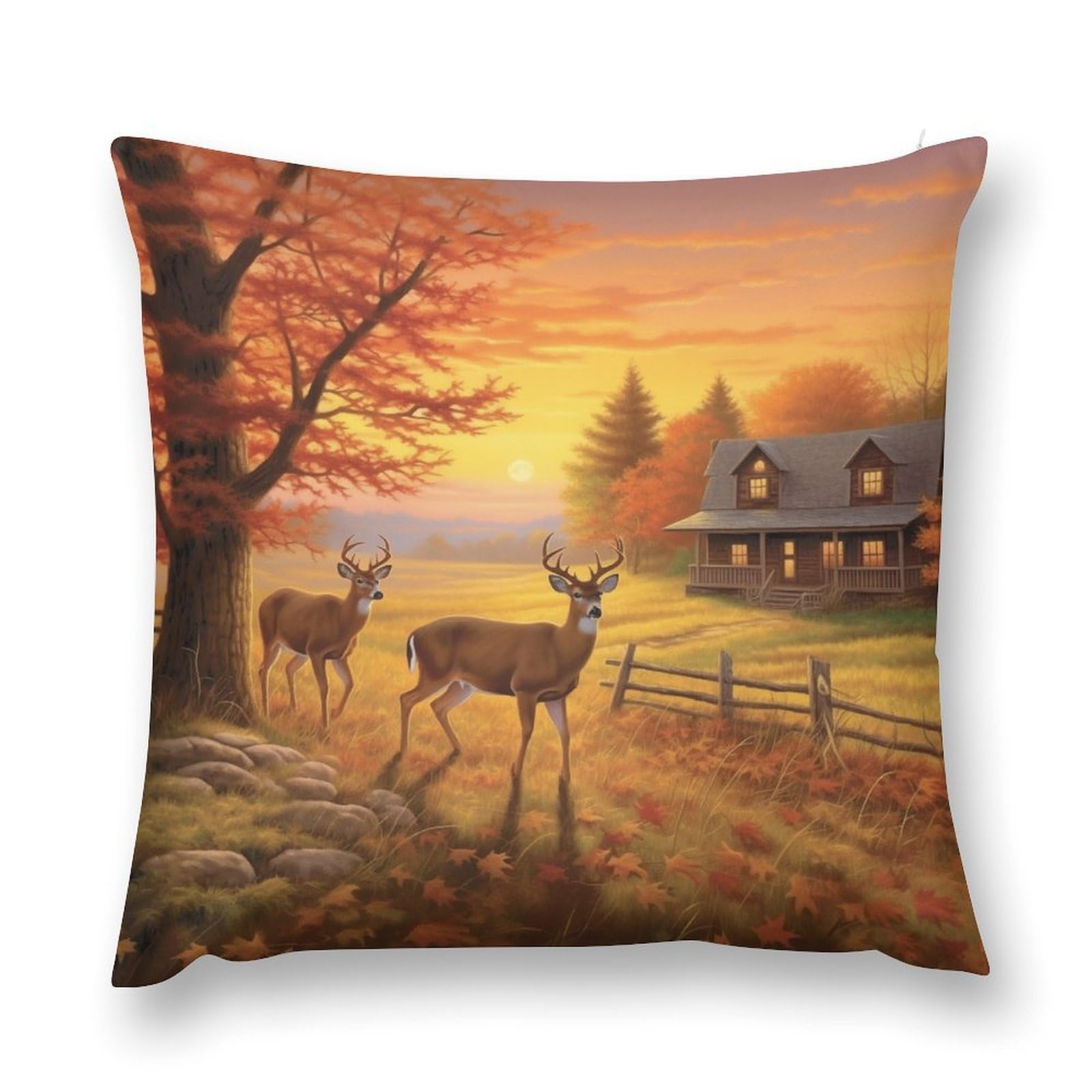 moderw Vintage Deers Farm Throw Pillow Cover Rustic Farmhouse Cottage Cabin Couch Pillowcases Autumn Farms Village Sunset Landscape Cushion Case Decoration for Home Sofa Bed 18x18inch