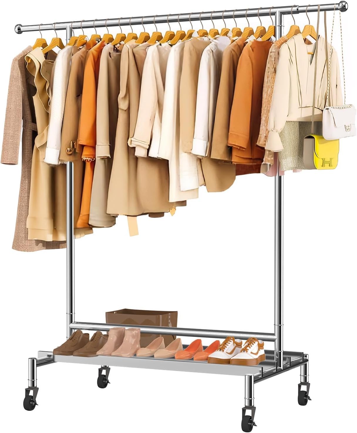 mahumahu Clothes Rack, 480LBS Clothing Rack with Wheels & Shelf, Rolling Racks for Hanging Clothes Portable Adjustable Garment Racks Sigle Rod