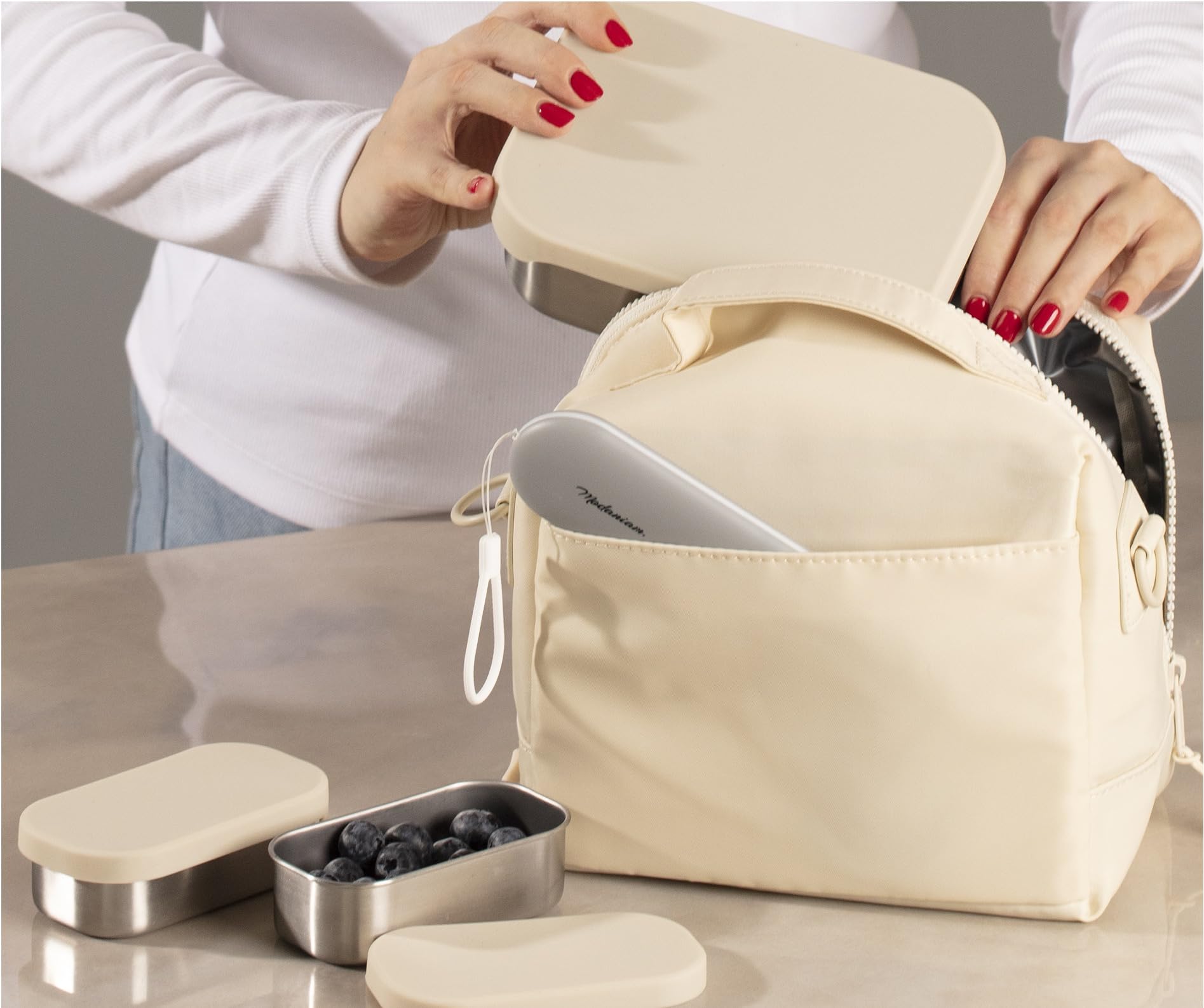 Flexibento - Leak proof Stainless Steel Lunch Box | Lunch Containers| Steel Bento Box |Meal prep Containers| Snack Containers |Metal lunch Box |Vanilla| 1 * 27 OZ+2 * 6.5 OZ|SIlicone lids