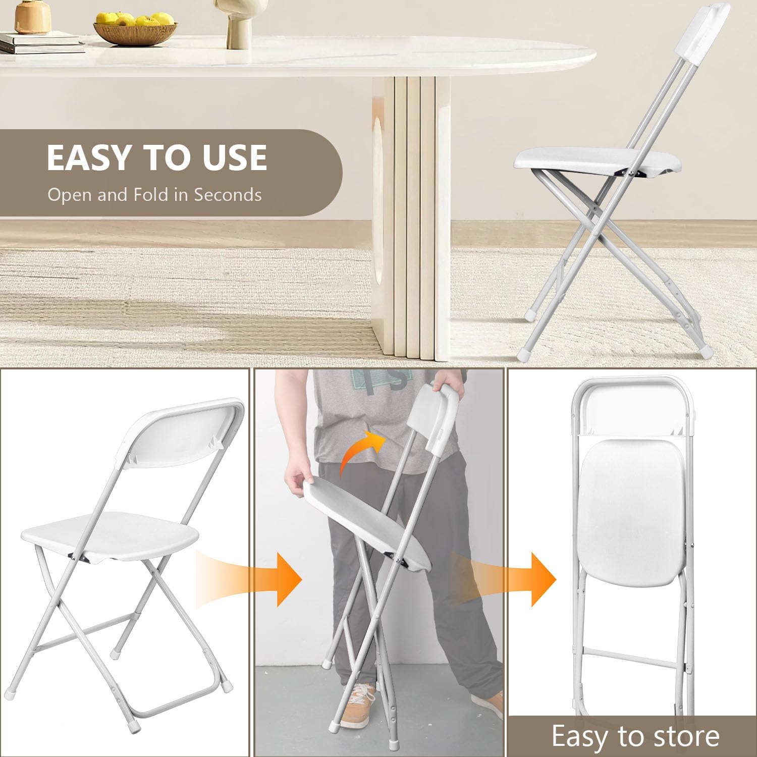 Folding Chairs, Heavy-Duty Plastic Foldable Chairs with Sturdy Metal Frame, 350 lbs Capacity, Stackable Portable for Weddings, Parties, Office, Indoor, Outdoor Events (White, Set of 4)