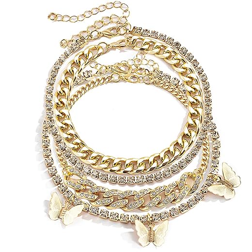 Layered Butterfly Anklet for Women Charms Butterfly Gold Silver Rhinestone Adjustable Cuban Anklets