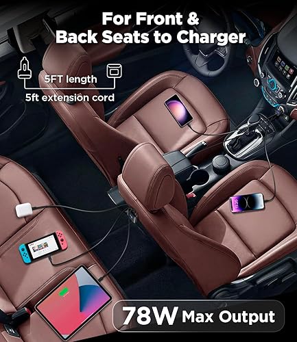 Miniatura 7 de kapebow - Cargador de coche USB C de carga rápida de 78 W, cargador de teléfono de coche de 5 puertos con pantalla de voltaje, extensión de 5 pies