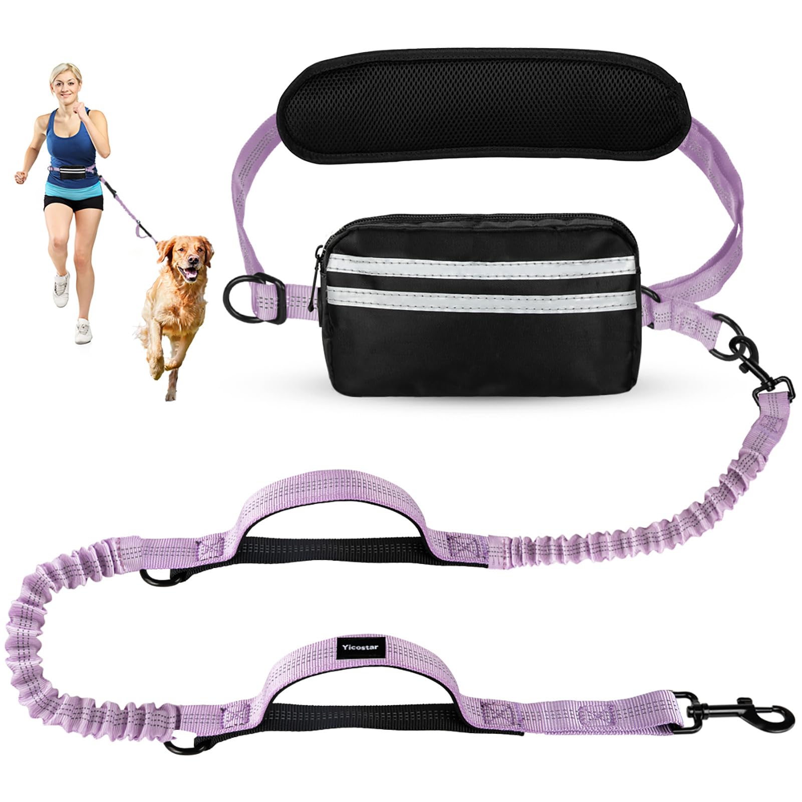 Hands Free Dog Leash, Adjustable Waist Belt with Double Padded Handles,Retractable Bungee, Waist Leash for Dog Walking,Running, No Pull,Purple