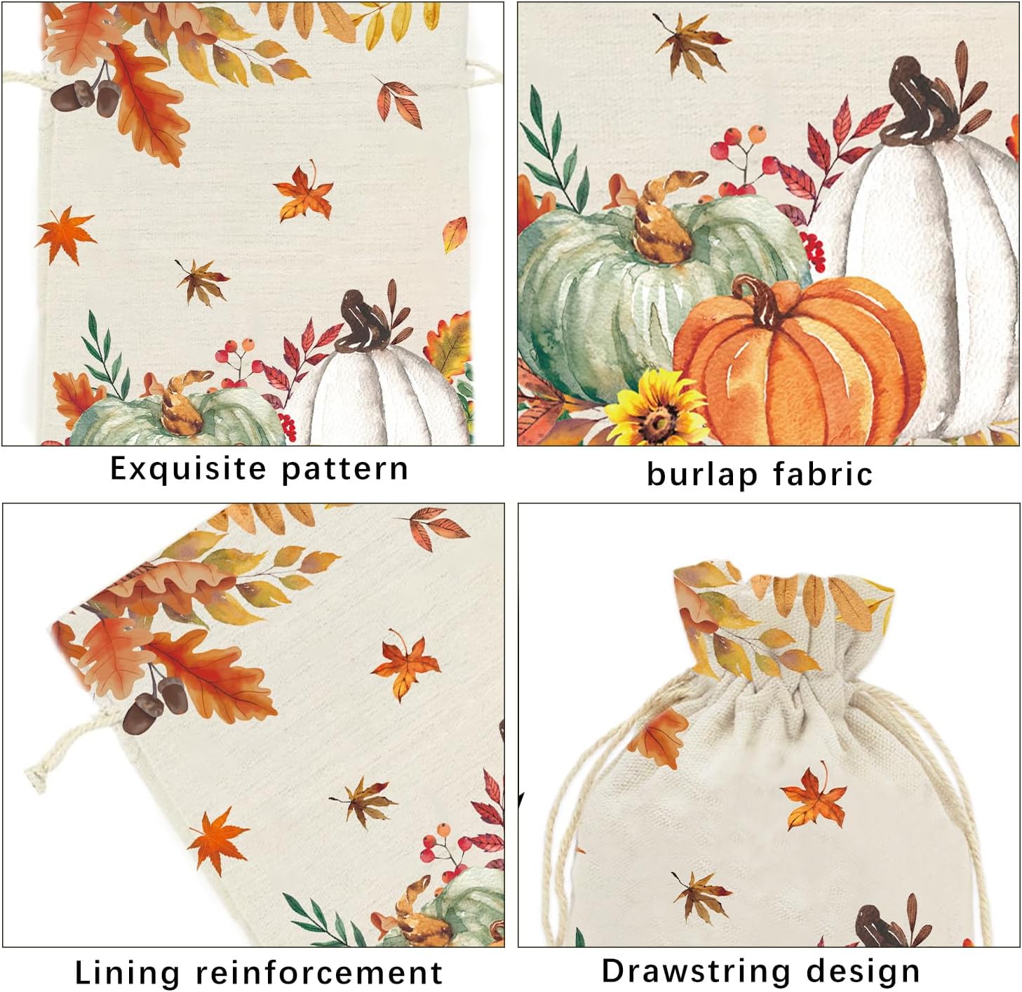 FYSUIMU 24 Pack Fall Burlap Bags Watercolor Leaves Pumpkin Gift Bags Orange White Linen Treat Goody Bag with Drawstring for Autumn Thanksgiving Party Favors - Image 3