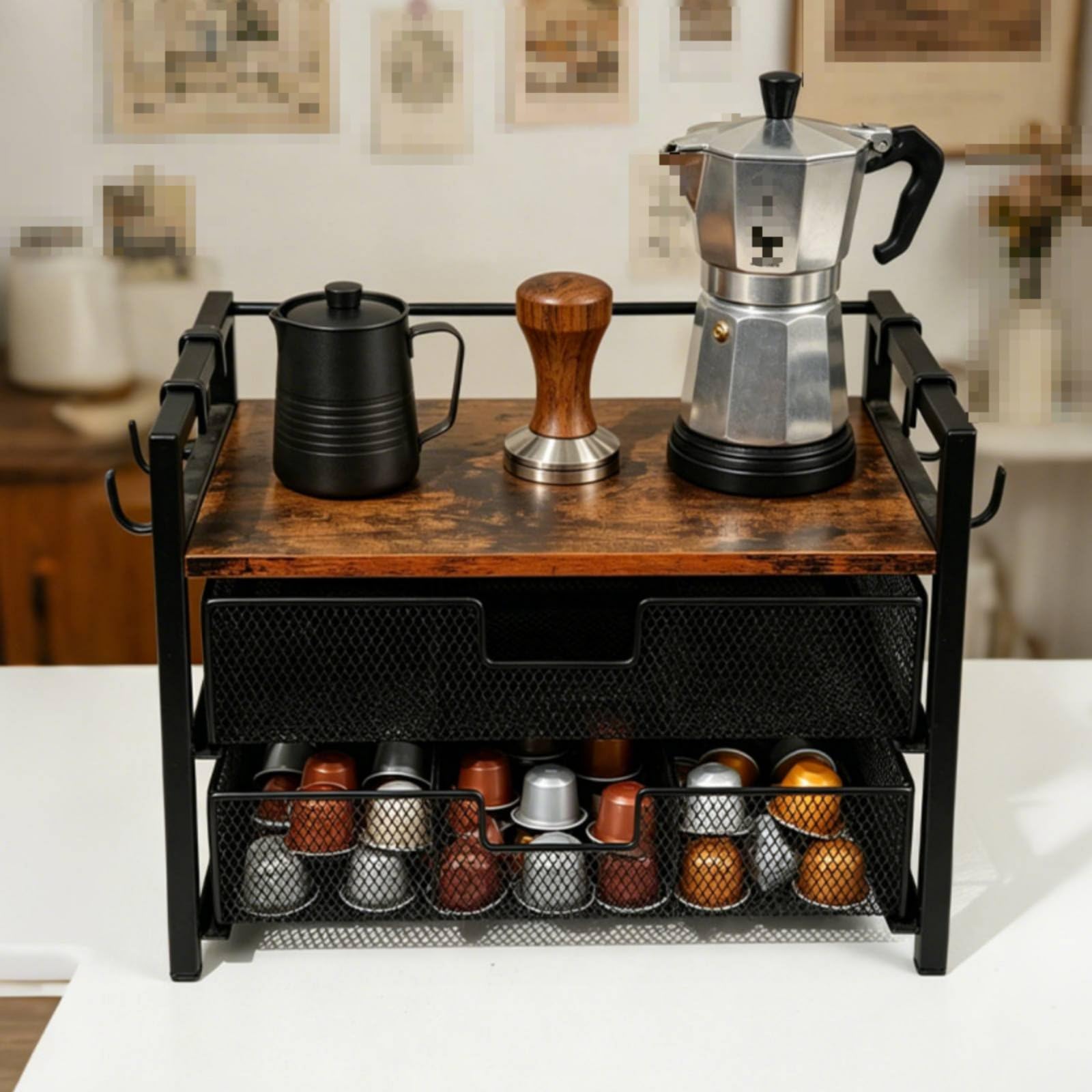 Portacapsule Caffè Doppio Strato Salvaspazio Organizzatore Capsule Caffè in Griglia Scorrevole da Organizzare Supporto in Legno Rustico per Cucina