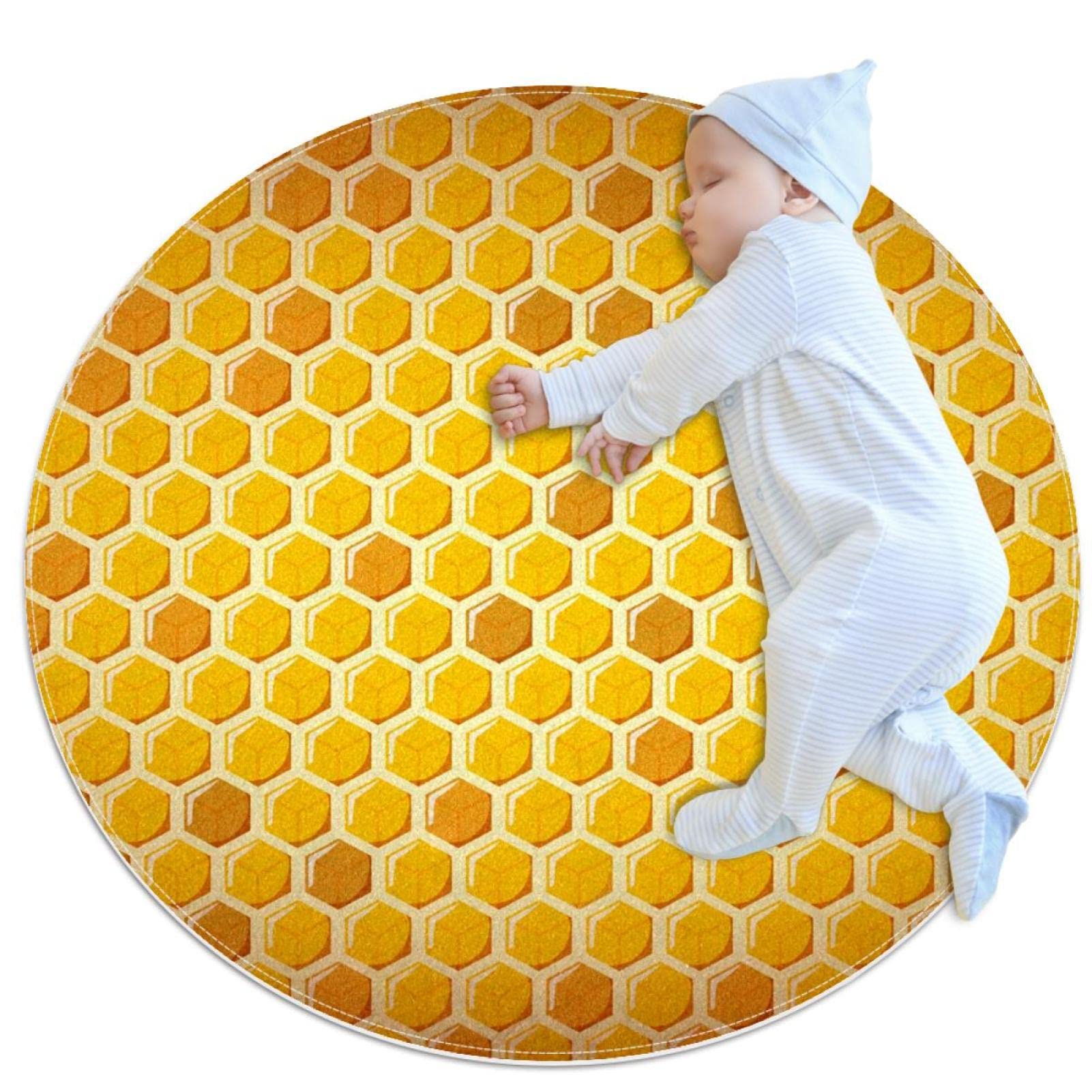 Tapis de bain rond 1m motif nid d'abeille beige antidérapant pour chambre et salon chic
