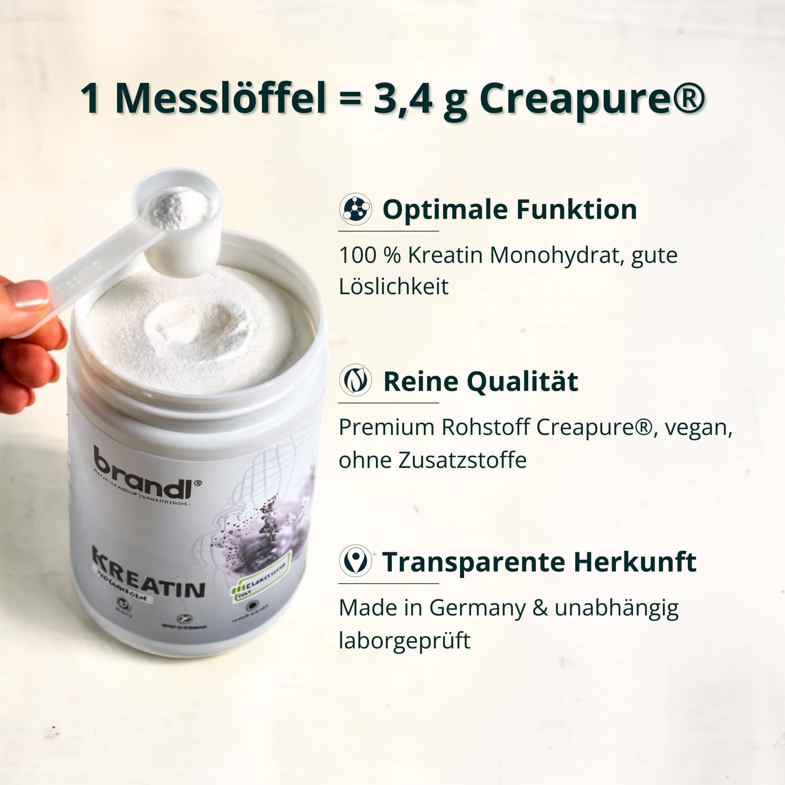 Kreatin Pulver Monohydrat CREAPURE 500g – 100% made in Germany – vegan, perfekte Löslichkeit & unabhängig laborgeprüft – Creatin/Kreatinpulver für Männer & Frauen ohne Zusatzstoffe von brandl