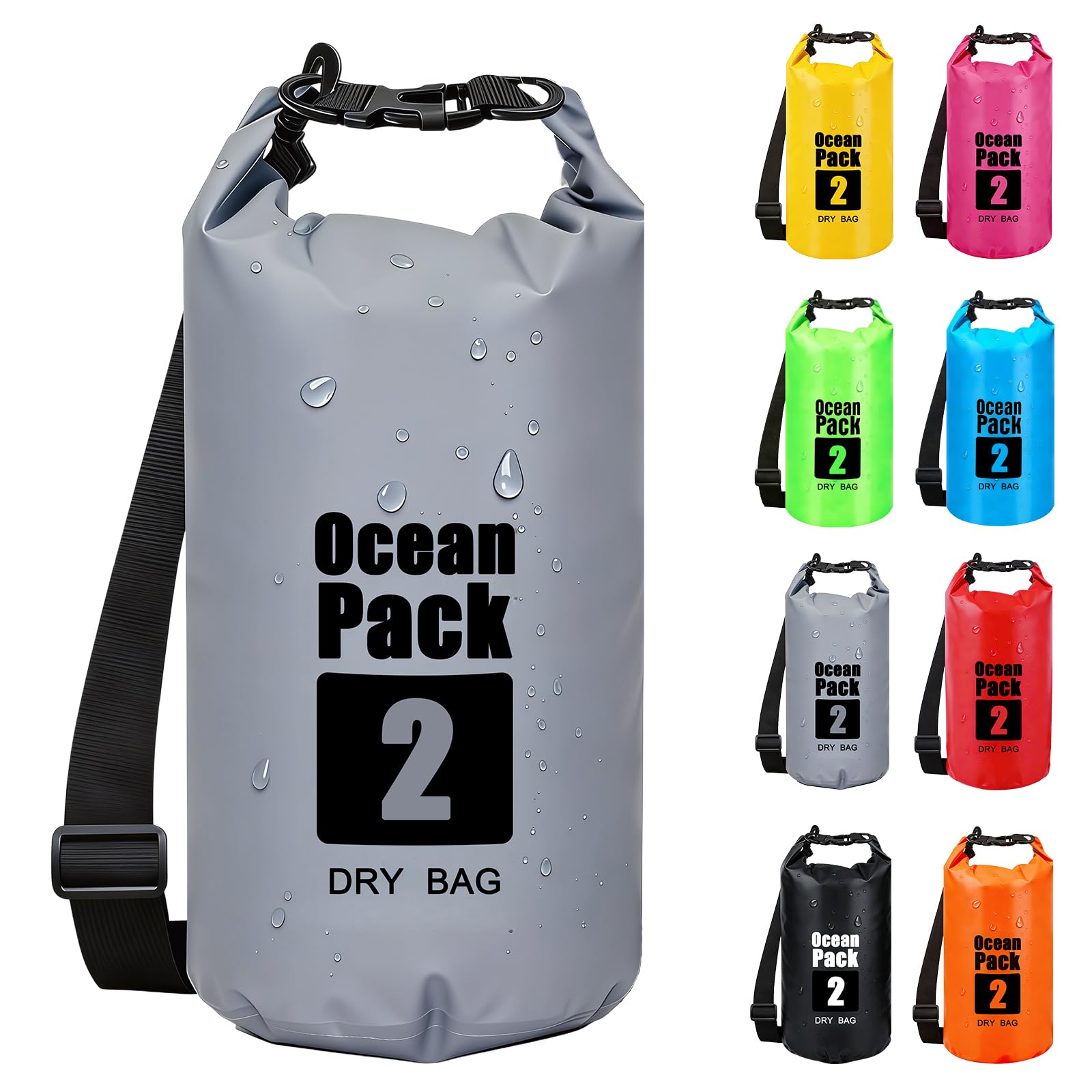 RONGZUBAT 2L Waterproof Dry Bag, Small Roll Top Dry Sack for Phone, Keys and Essentials, Lightweight Waterproof Bag for Kayaking, Paddle Boarding, Beach, Swimming, Camping and Travel - Grey