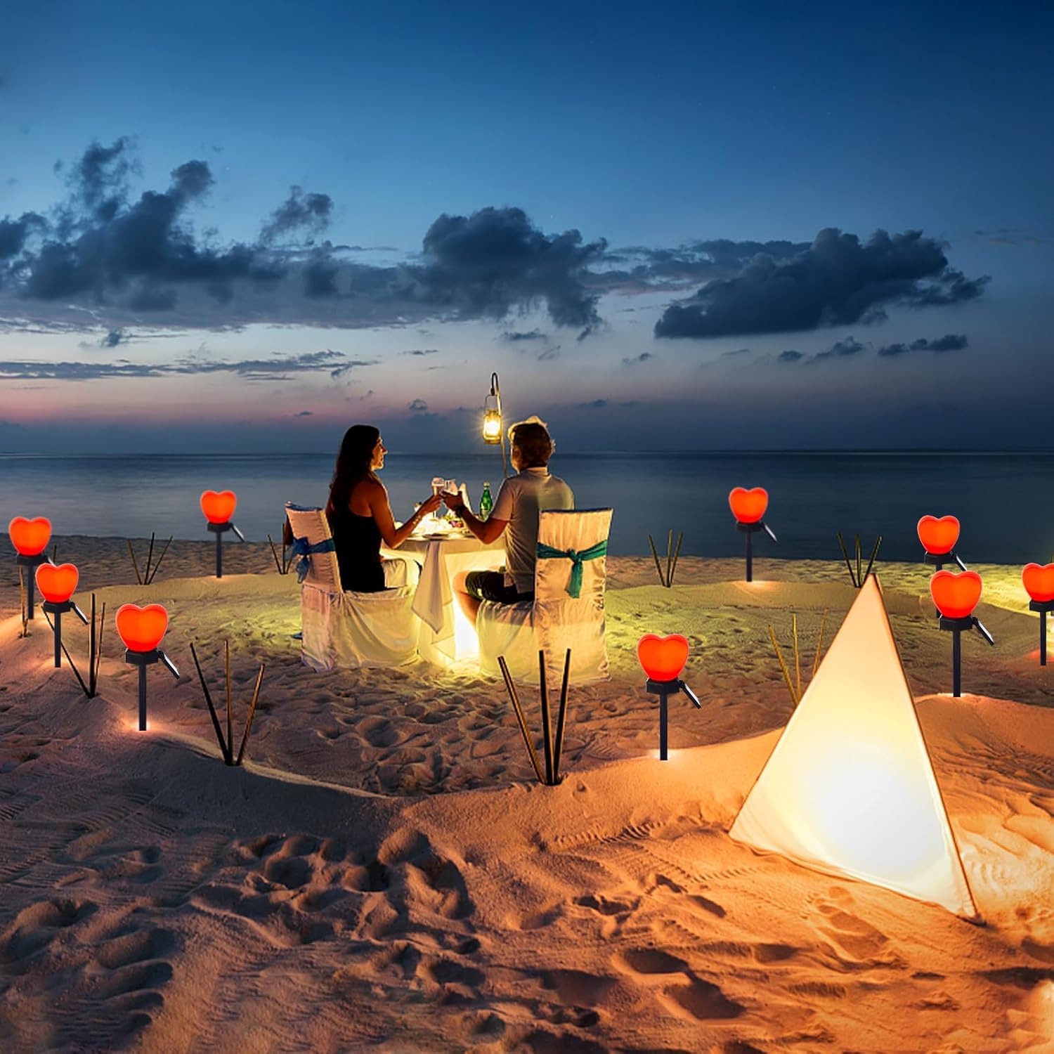 Lámpara de pila de corazón rojo solar, lámpara de sol de San Valentín impermeable al aire libre lámpara de corazón en forma de jardín canal decoración de fiesta de bodas en el hogar (4 piezas)