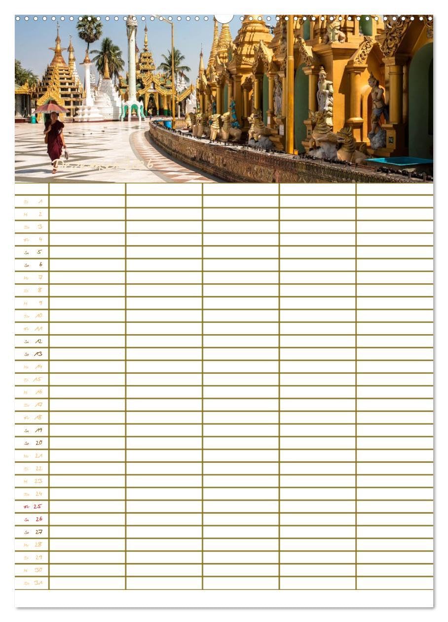 Goldenes Myanmar - Familienkalender 2026 (Wandkalender 2026 DIN A2 hoch), CALVENDO Monatskalender: Myanmar - das Land der Pagoden, Klöster, Mönche und ... 5 Spalten für Ihre Einträge. (CALVENDO Orte)