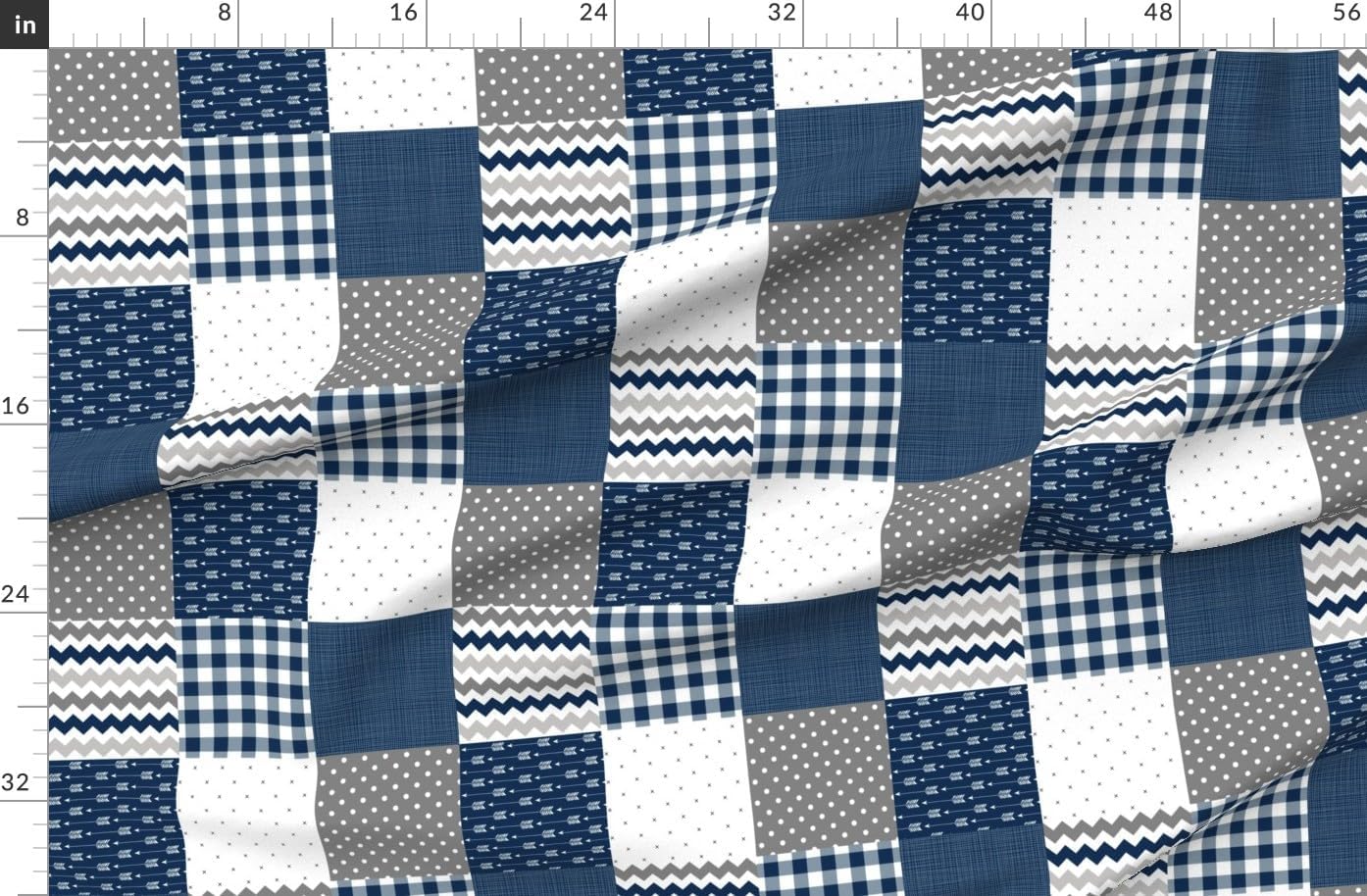 Spoonflower Fabric - Blue Cheater Quilt Plaid Chevron Patchwork Arrows Dots Check Printed on Organic Cotton Sateen Fabric by The Yard - Sewing Quilting Apparel Home Decor