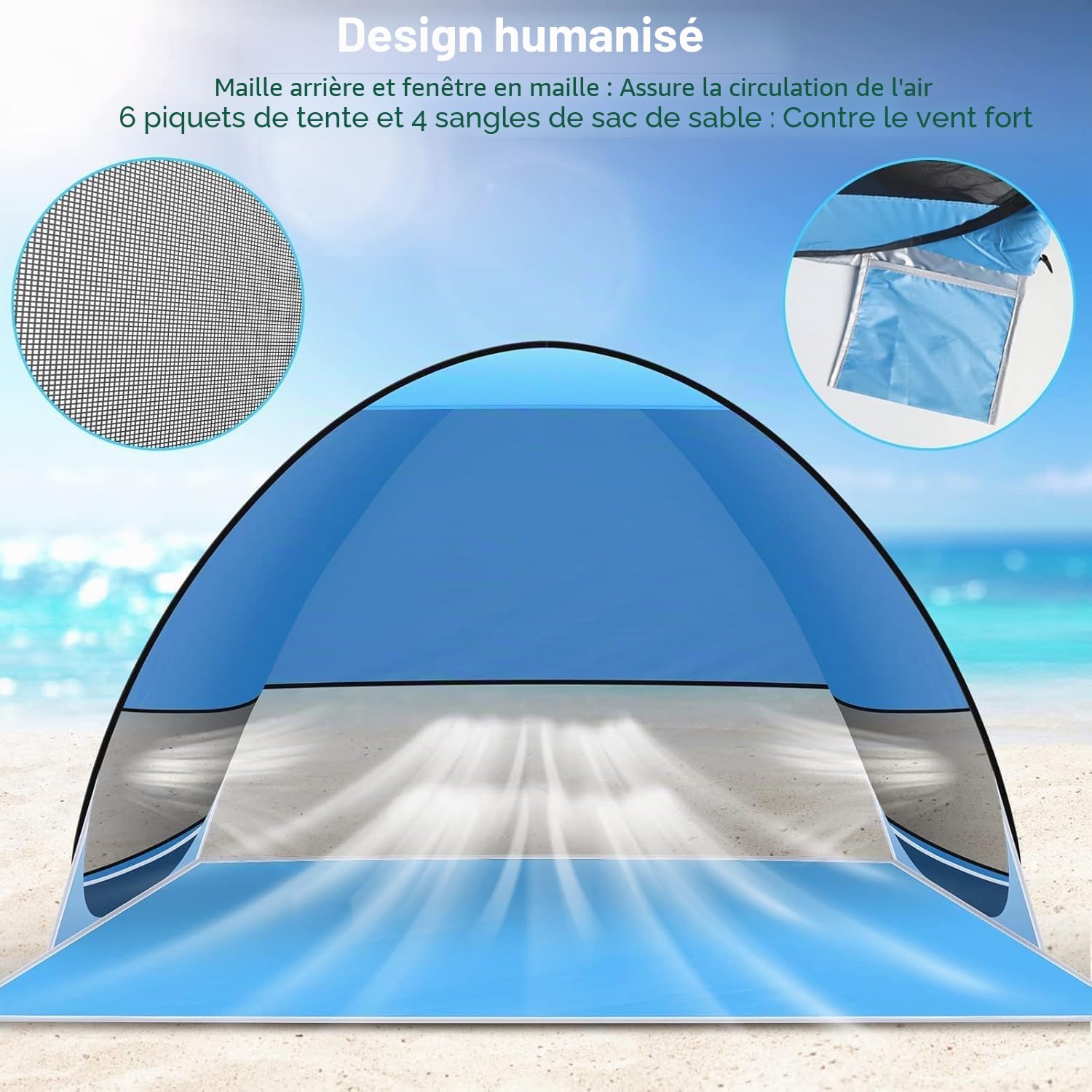 Tente de plage pop-up pour 3 à 4 personnes - Tente de plage coupe-vent pour 3 à 4 personnes - Plage familiale, camping, jardin, randonnée