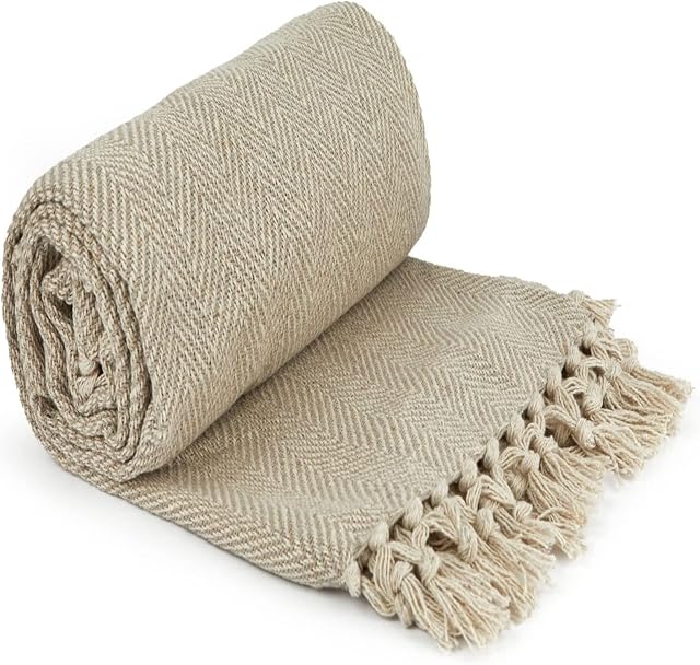 QPC Direct 100% Cotton Hand Woven Herringbone Chevron Throw (Natural Herringbone, Large 70" x 90" [170 x 200cm])