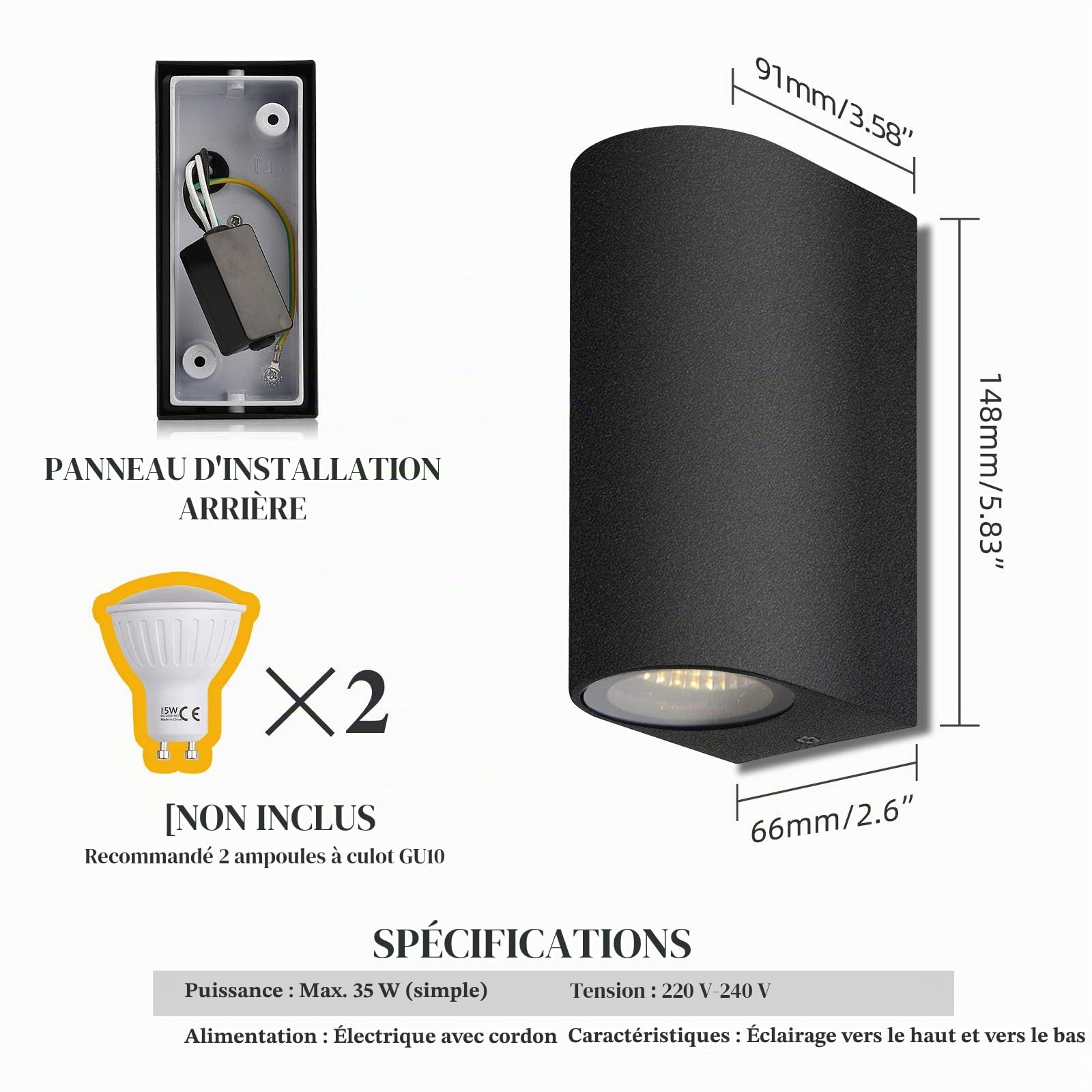 HLFVLITE 2pcs Applique Murale Exterieur Aluminium Up/Down Eclairage Exterieur/Interieur, IP44 Étanche noir lampes de jardin pour patio, terrasse, jardin, couloir, balcon, porche, poteau, allée
