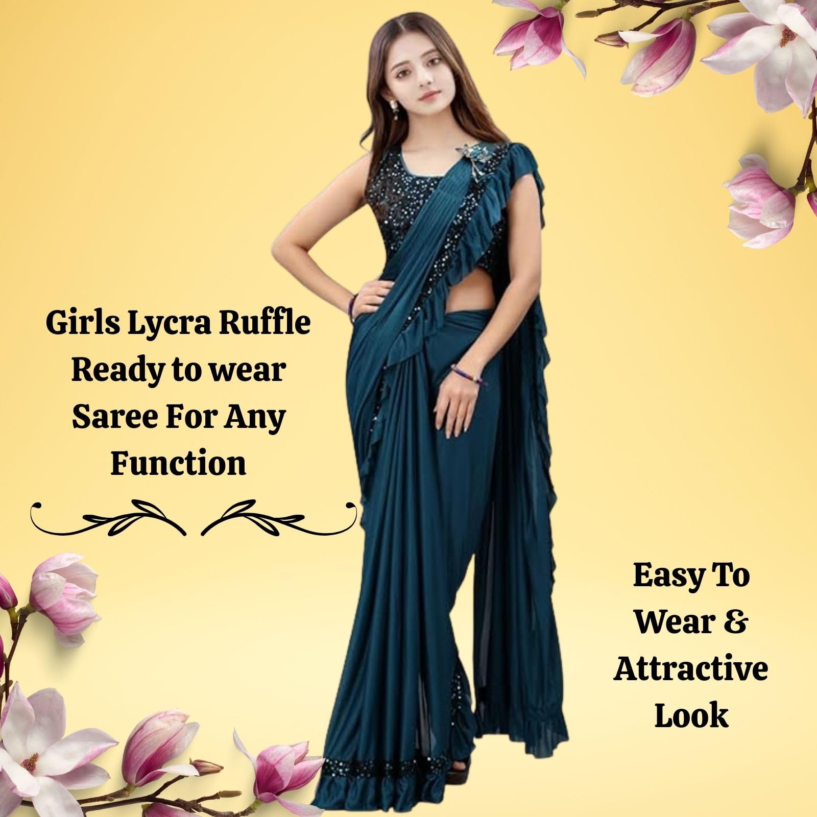 Dhyey fashion Fashionable Baby Girls Lycra Blend Saree with Velvet Unstitched Blouse Piece | Readymade Saree For Girls | Sarees For Girls | RTW Kids Teal Blue Saree 4-5 Years S - Image 2 thumbnail