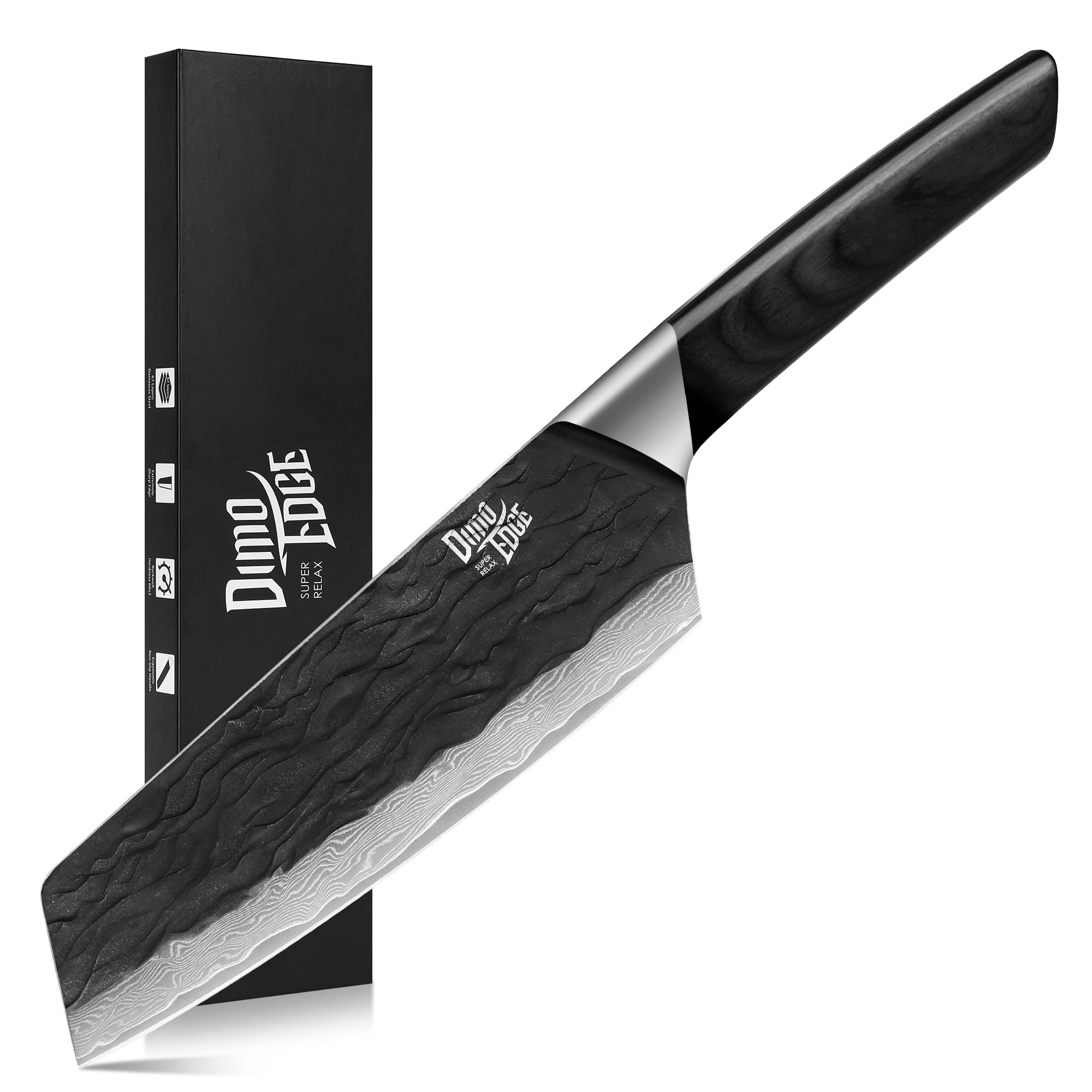 Couteau de chef Damas, 17,8 cm Couteau japonais aiguisé avec lame martelée et manche en pakkawood, couteau bunka professionnel avec coffret cadeau, noir