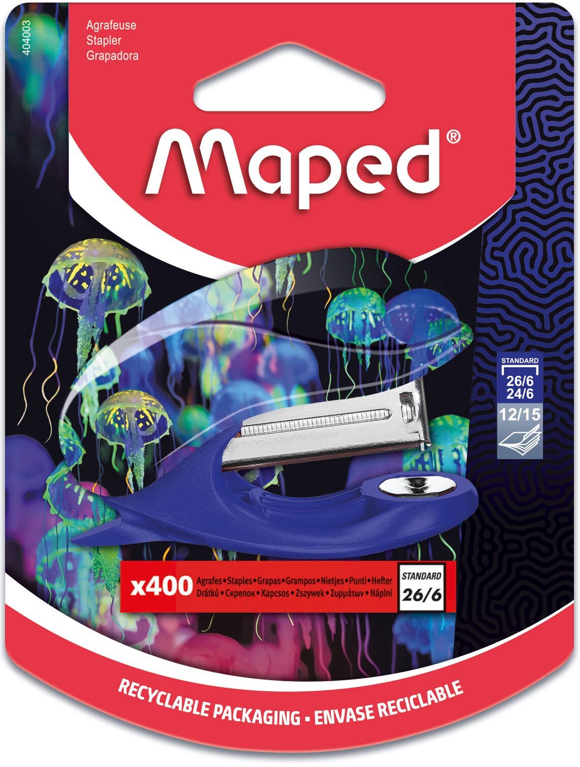 Maped - Deepsea Paradise Stapler - Attaches up to 15 Sheets - 24/6 and 26/6 Staples - Metal Mechanism - Comes with 400 Staples