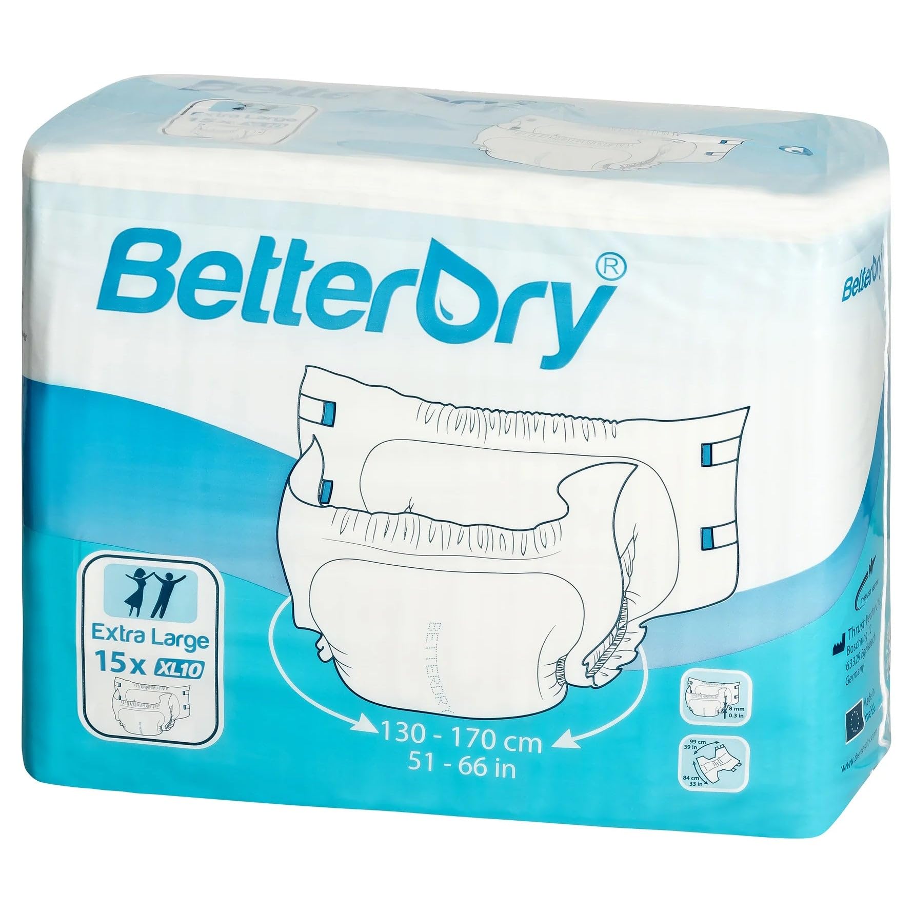 BetterDry Windeln für Erwachsene mit Kunststoffrückseite, Saugfähigkeit über Nacht, Unisex für Damen und Herren, Größe XL, 60 Stück